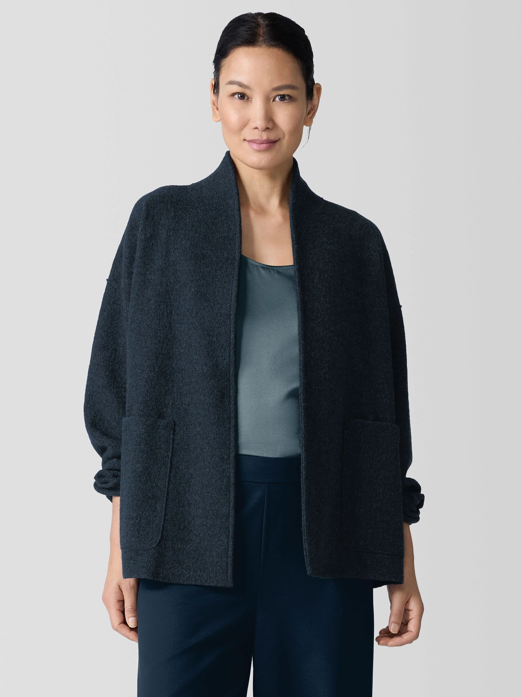 Lightweight Boiled Wool High Collar Jacket in Regenerative Wool