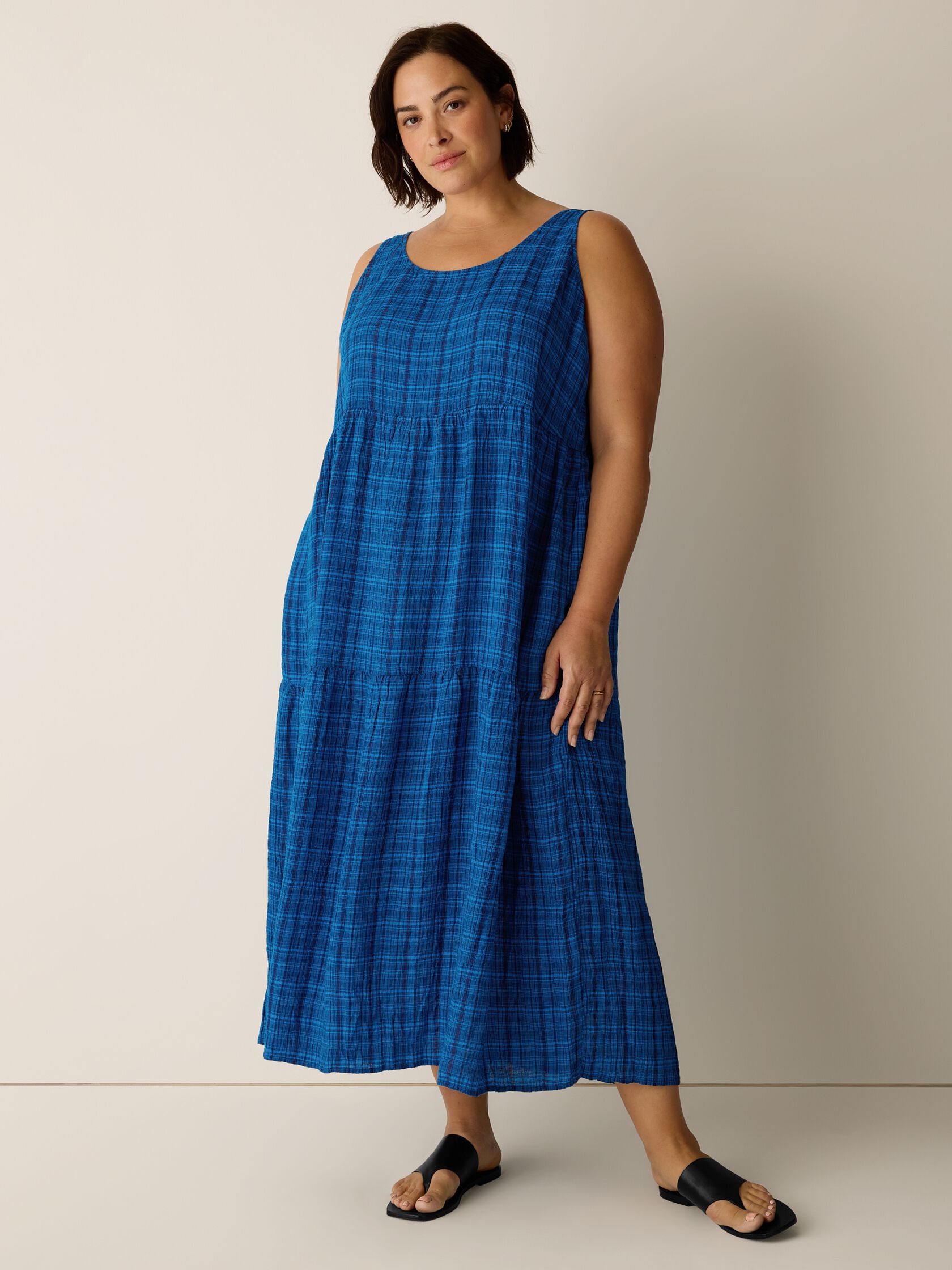 Puckered Organic Linen Plaid Tiered Dress