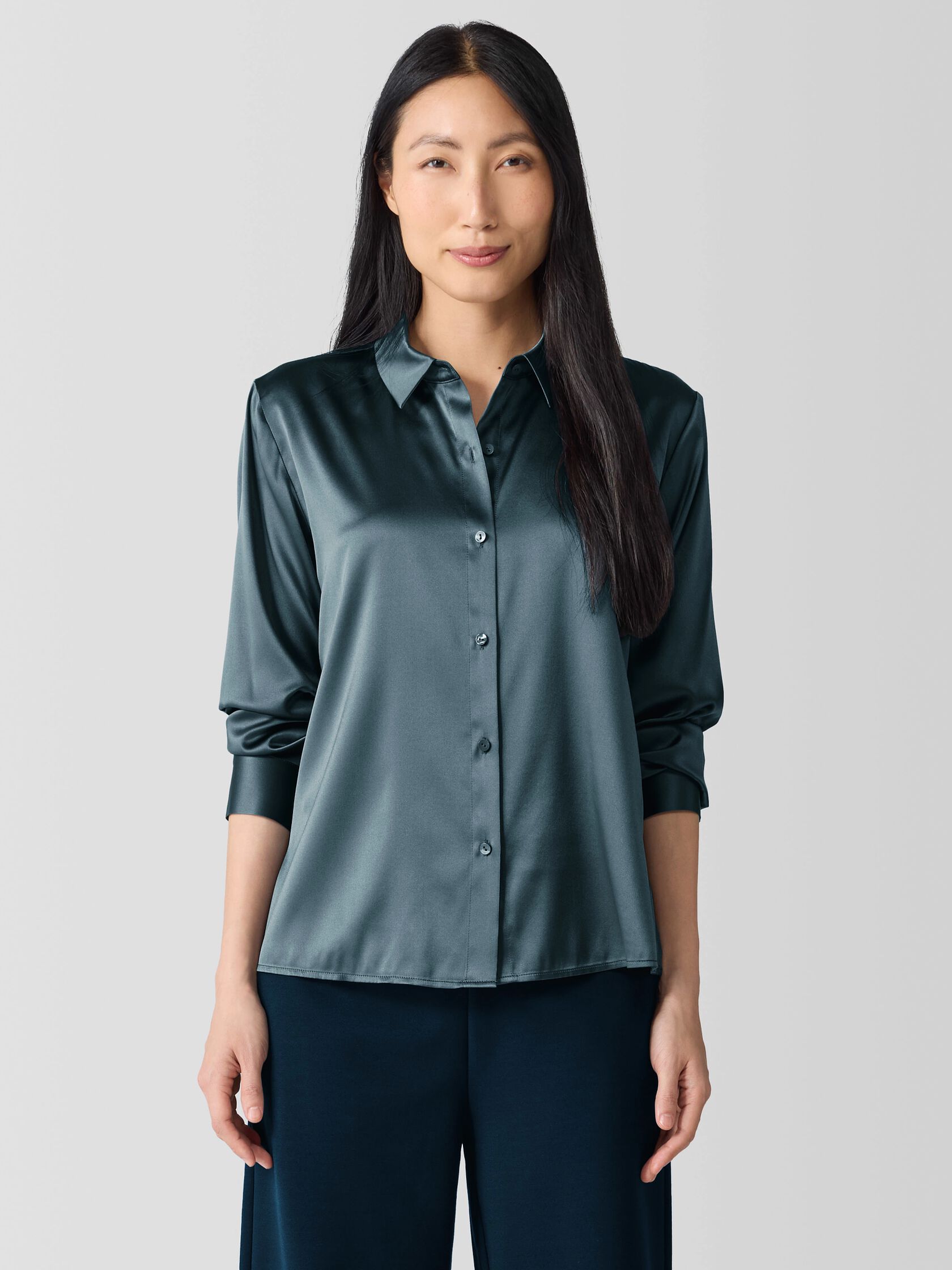 Stretch Silk Charmeuse Classic Collar Shirt