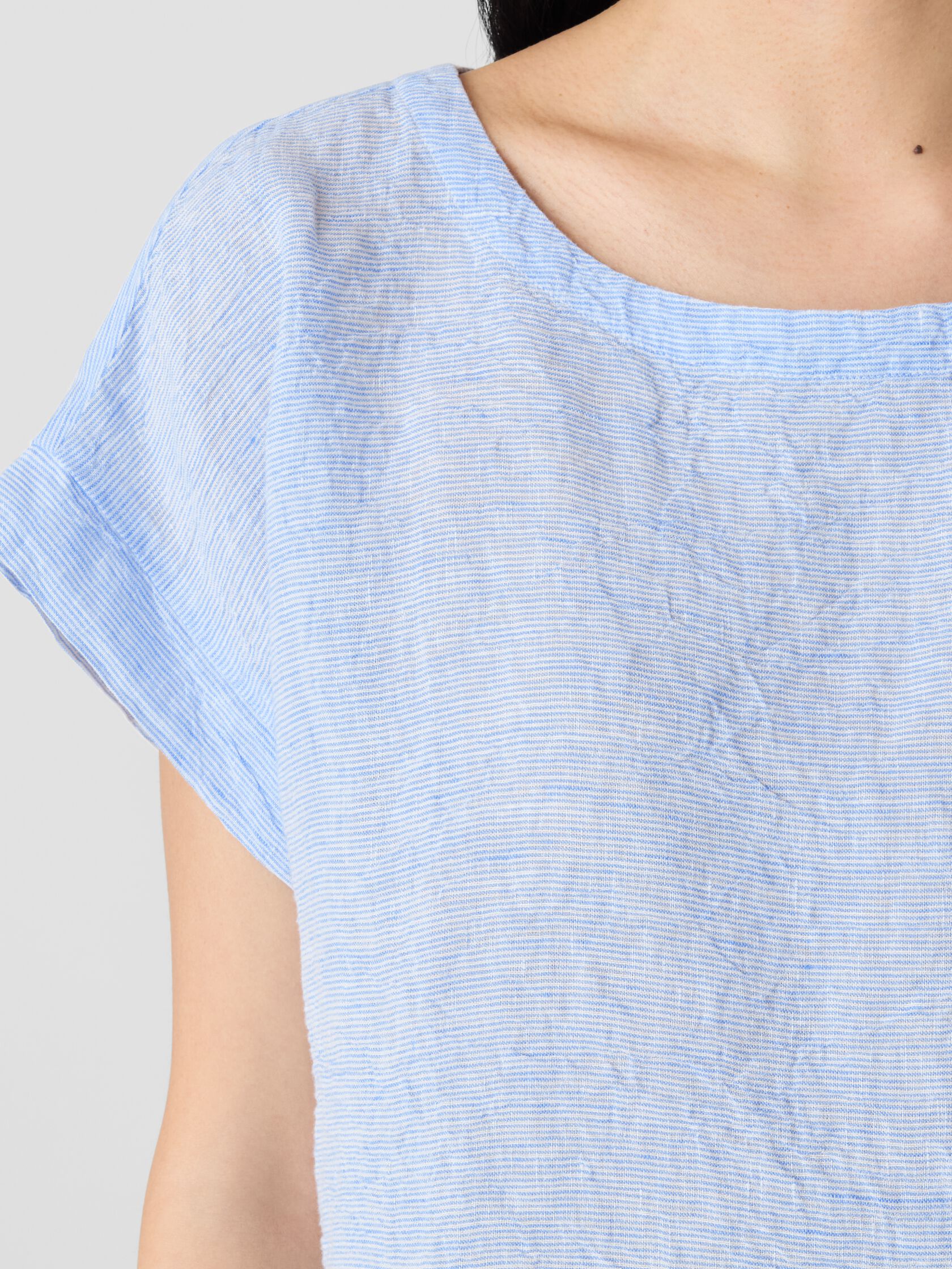 Puckered Organic Linen Stripe Ballet Neck Top
