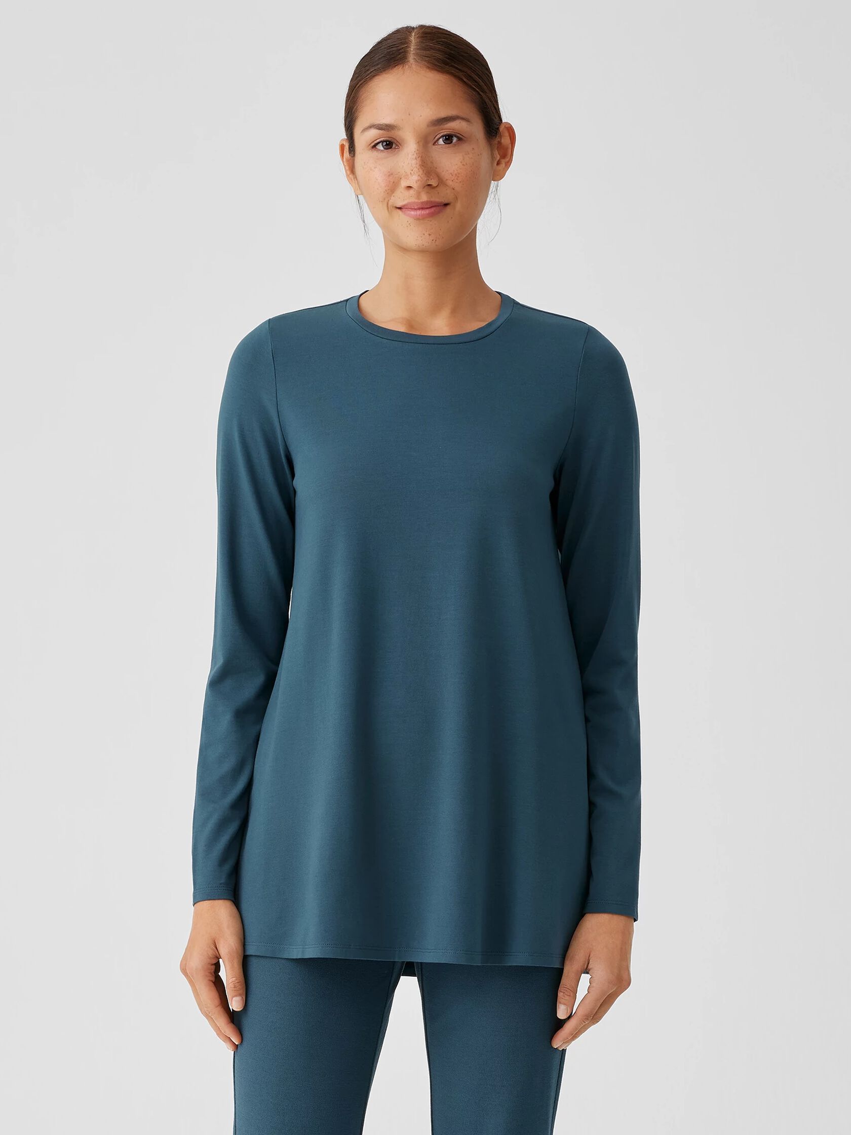 Stretch Jersey Knit Crew Neck Long Top