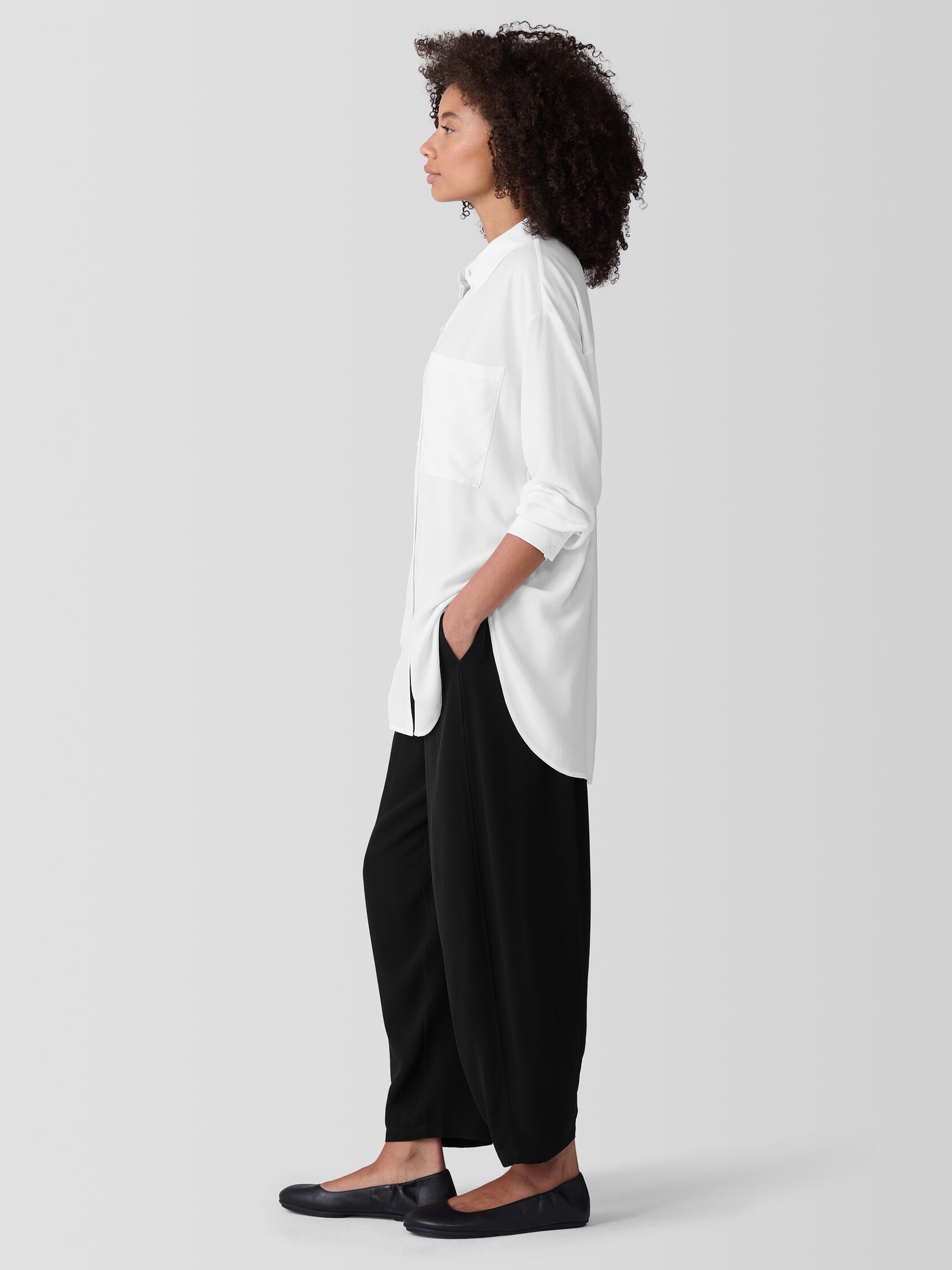 Silk Georgette Crepe Classic Collar Long Shirt