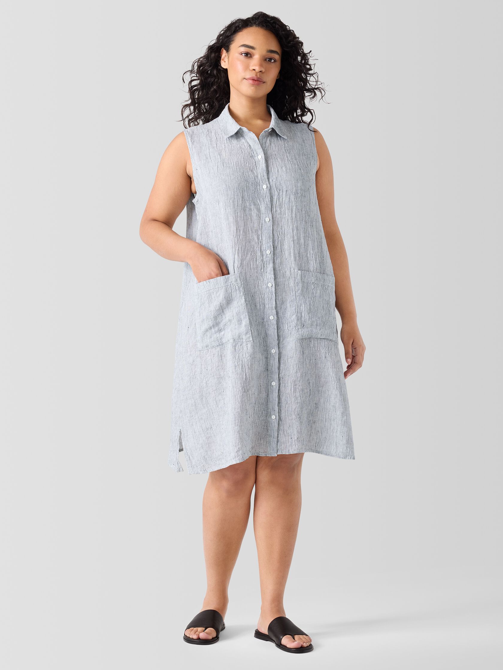 Striped Organic Linen Crinkle Sleeveless Shirtdress