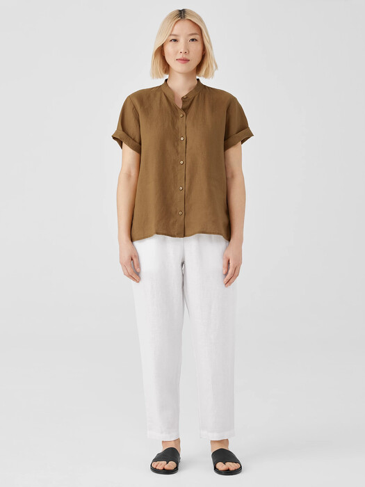 Organic Handkerchief Linen Band Collar Short-Sleeve Shirt