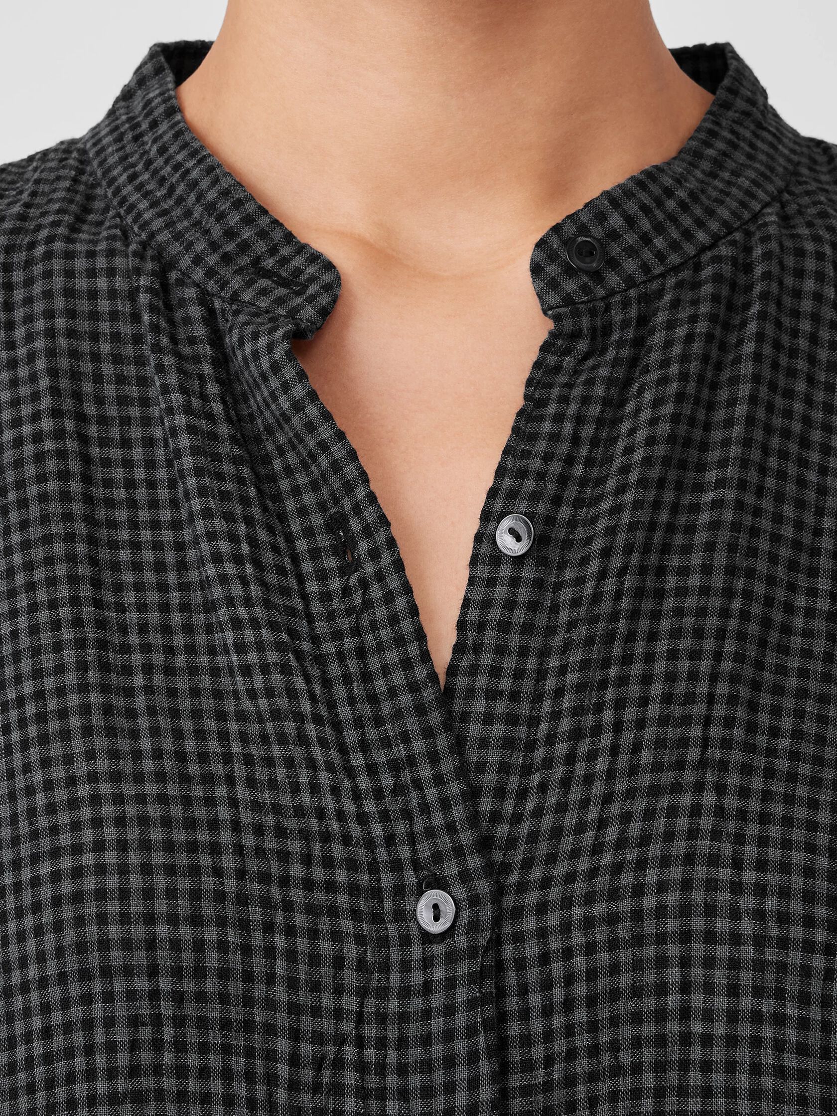 Puckered Organic Linen Mandarin Collar Long Shirt