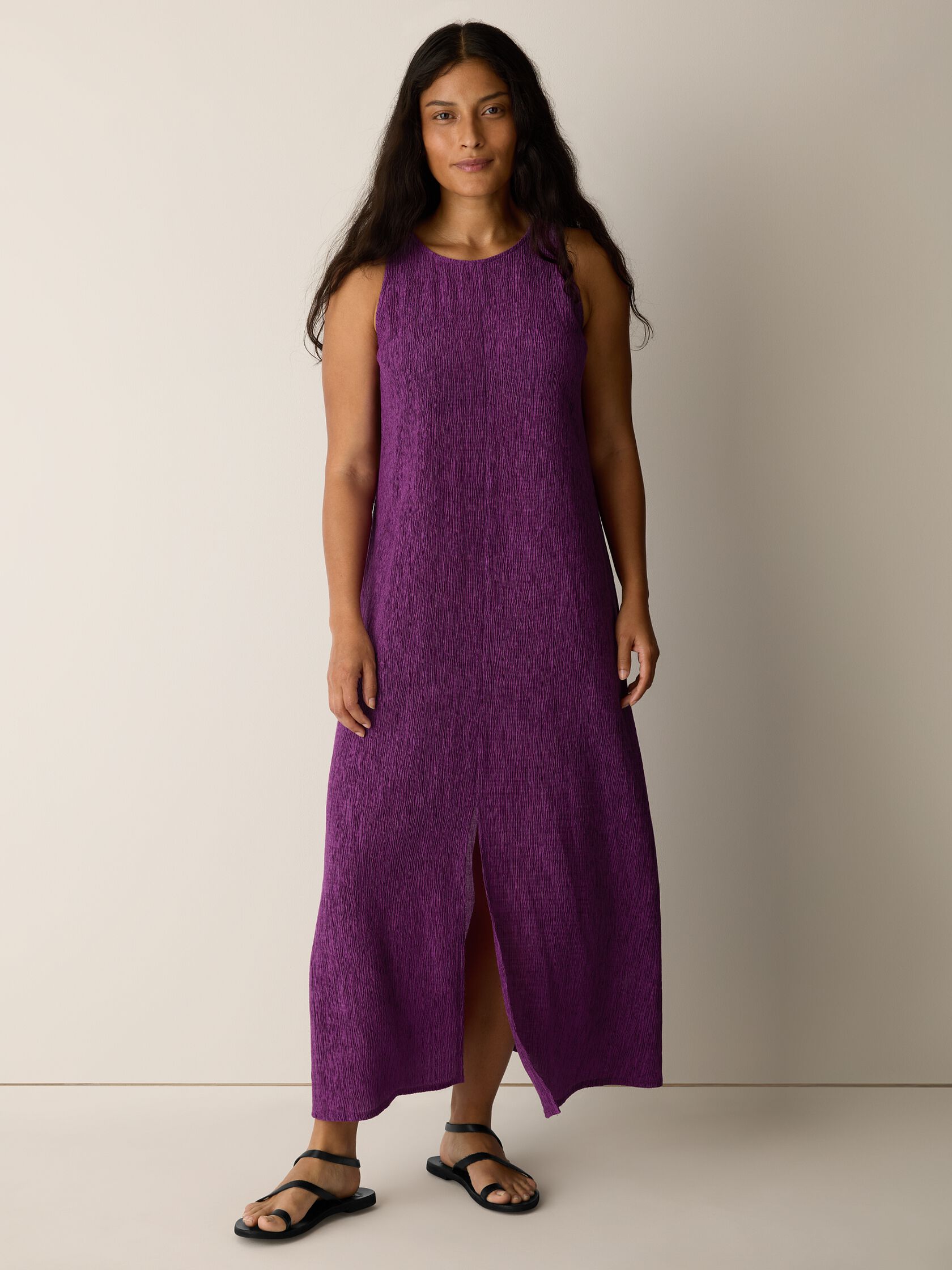 Woven Pliss&eacute; Round Neck Dress