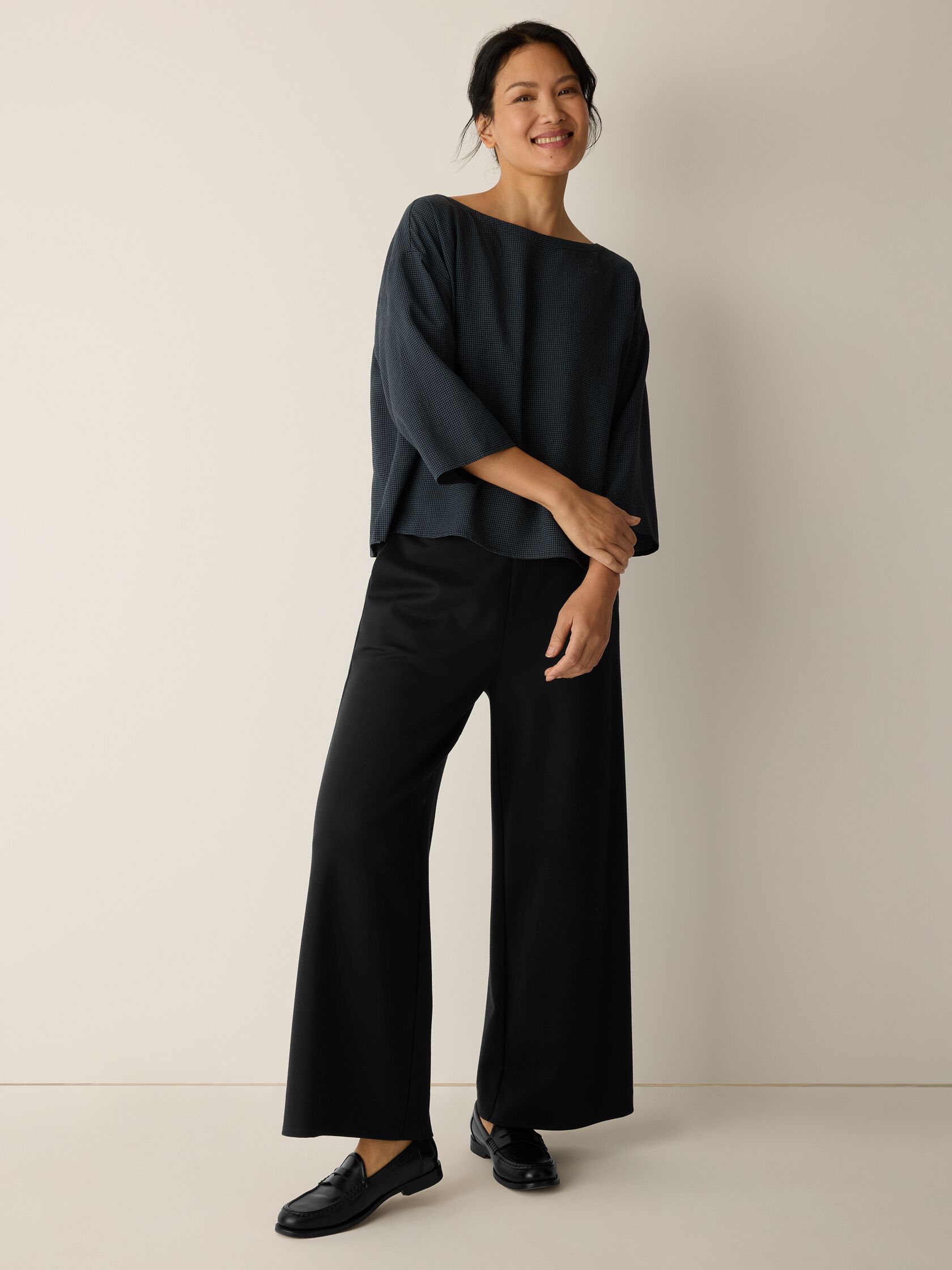 Mini Check Crepe Bateau Neck Box-Top