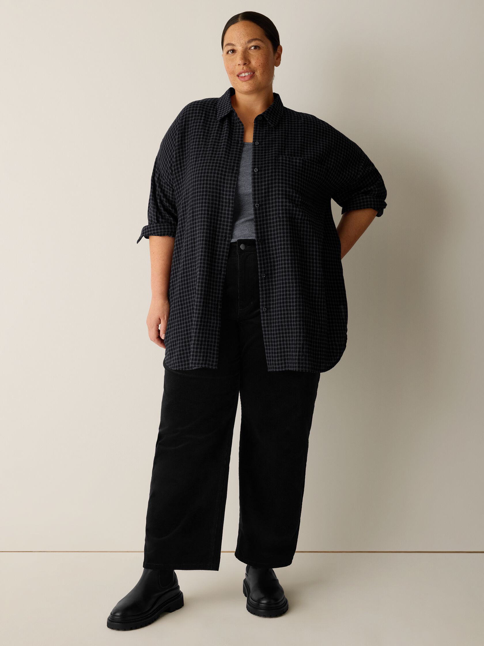 Wool Cotton Check Classic Collar Long Shirt
