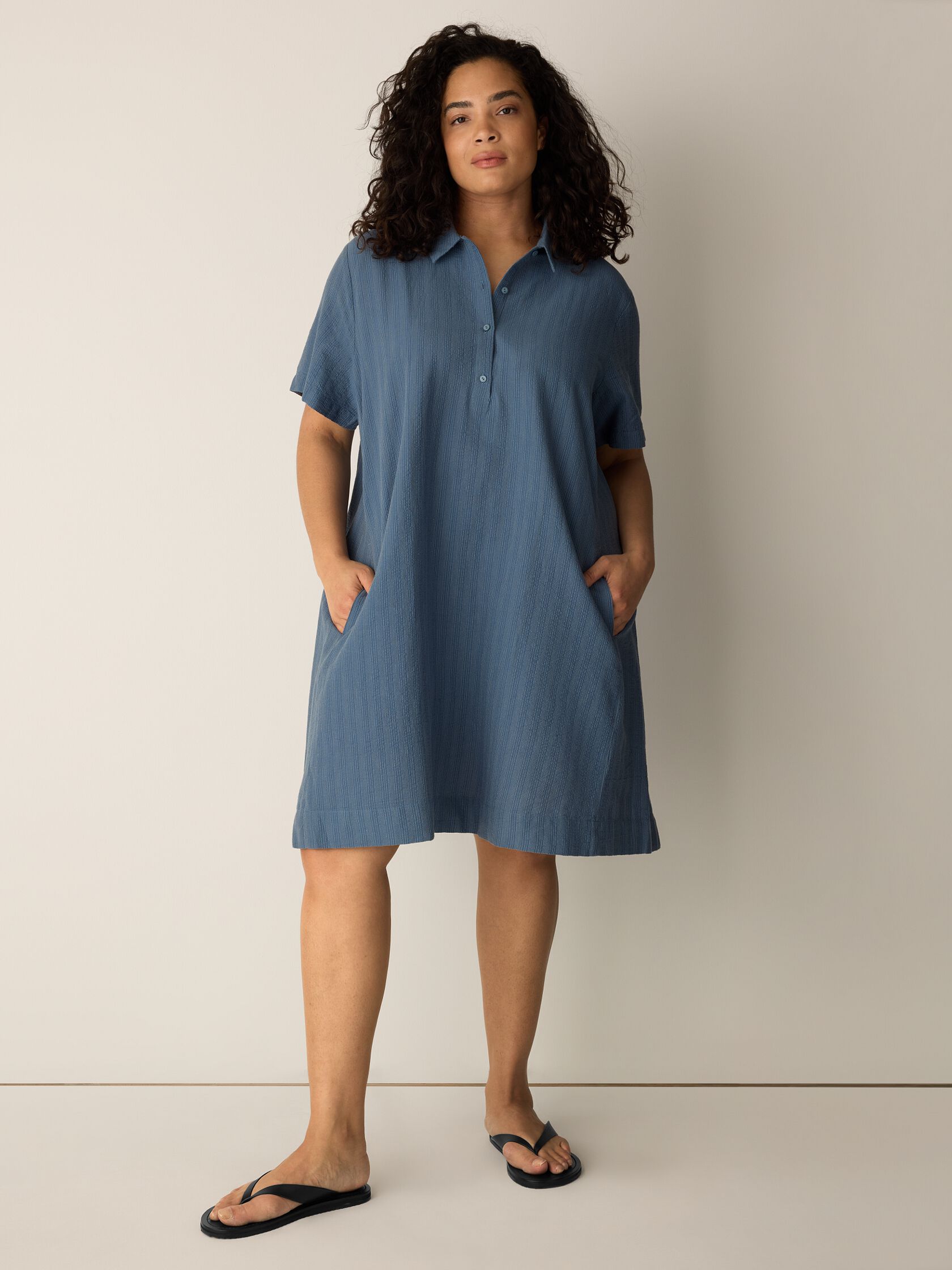 Cotton Blend Stripe Stitch Classic Collar Dress