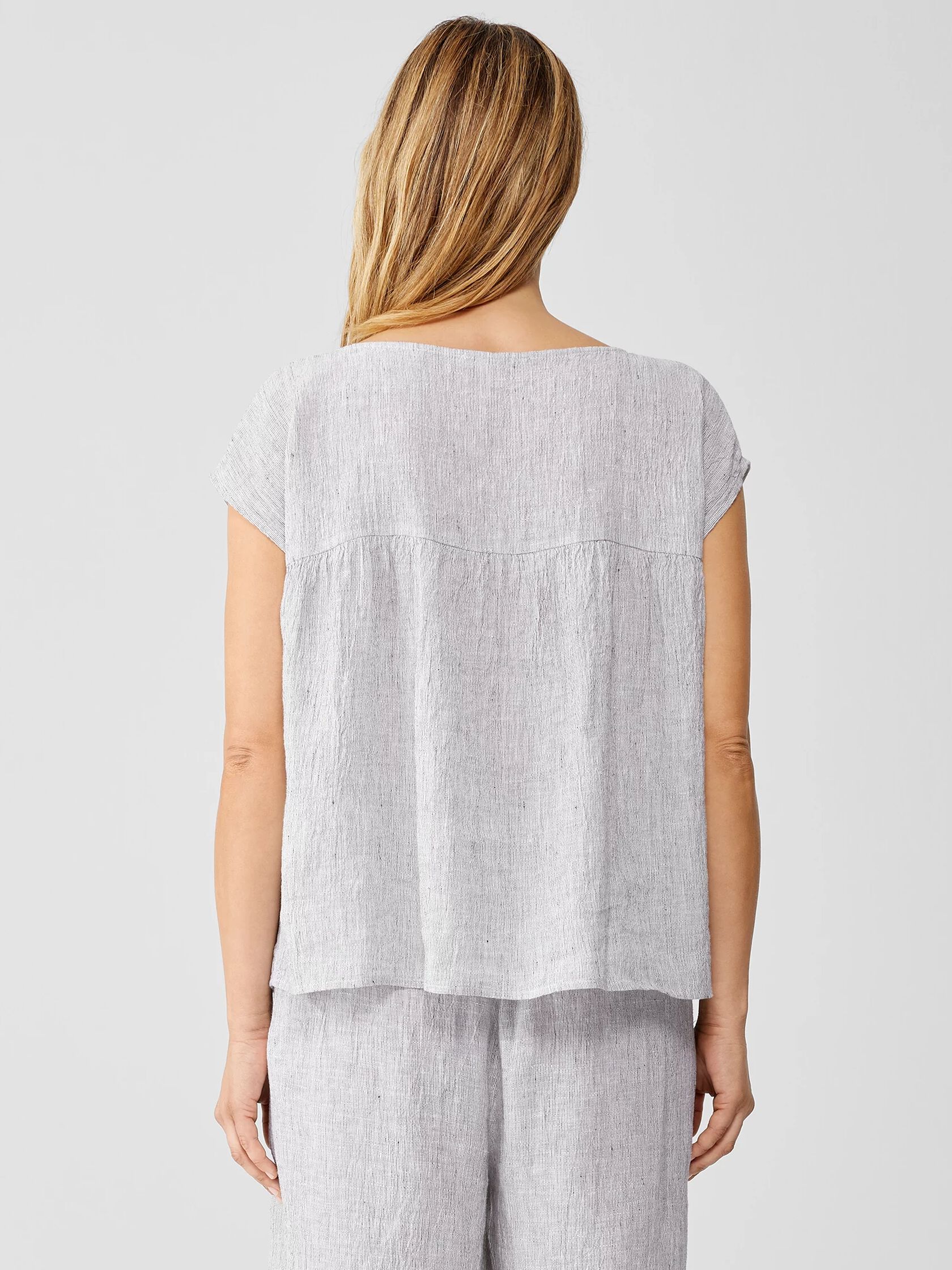 Striped Organic Linen Crinkle Shirred-Back Top