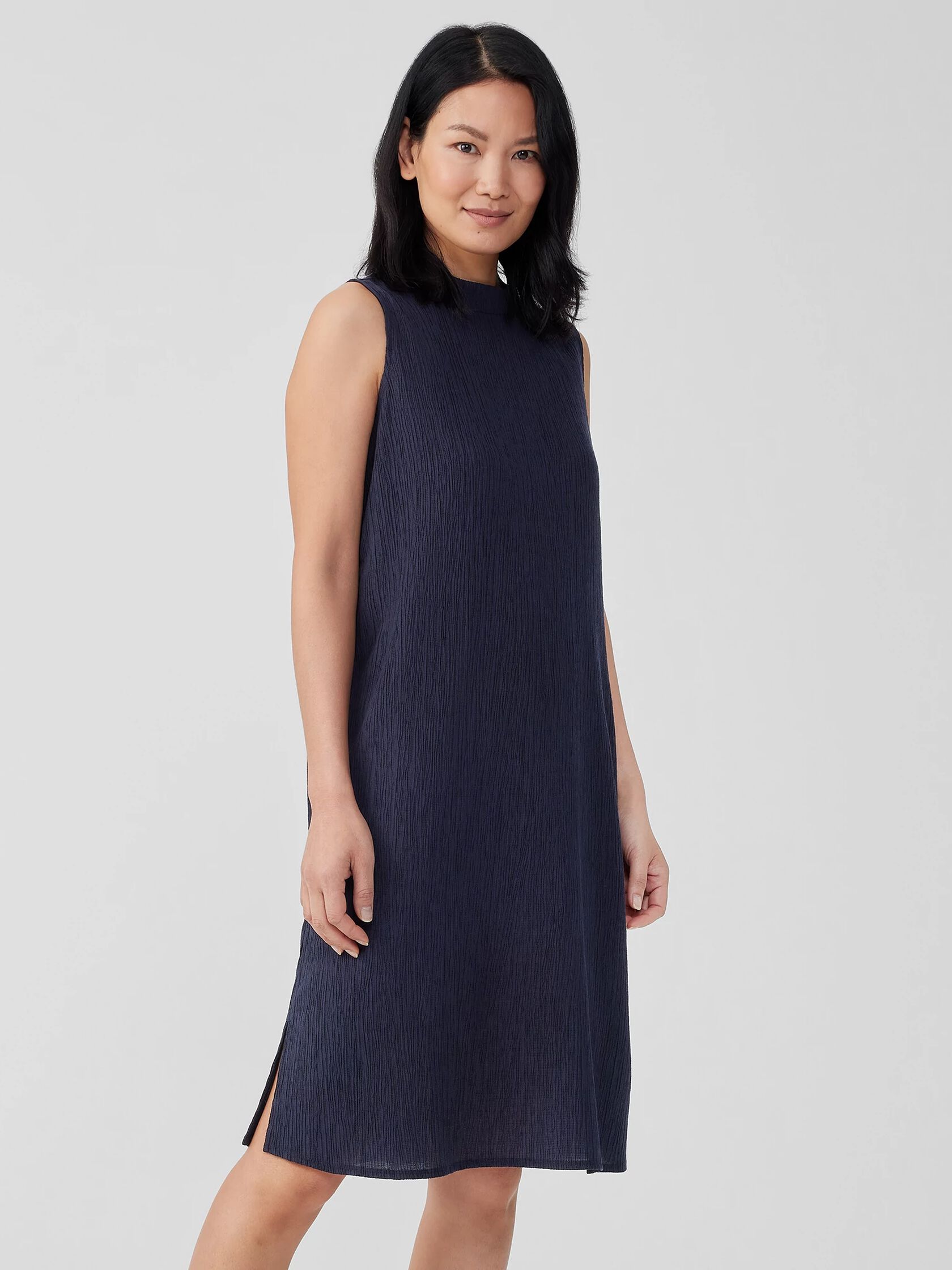 Woven Plissé Mock Neck Dress