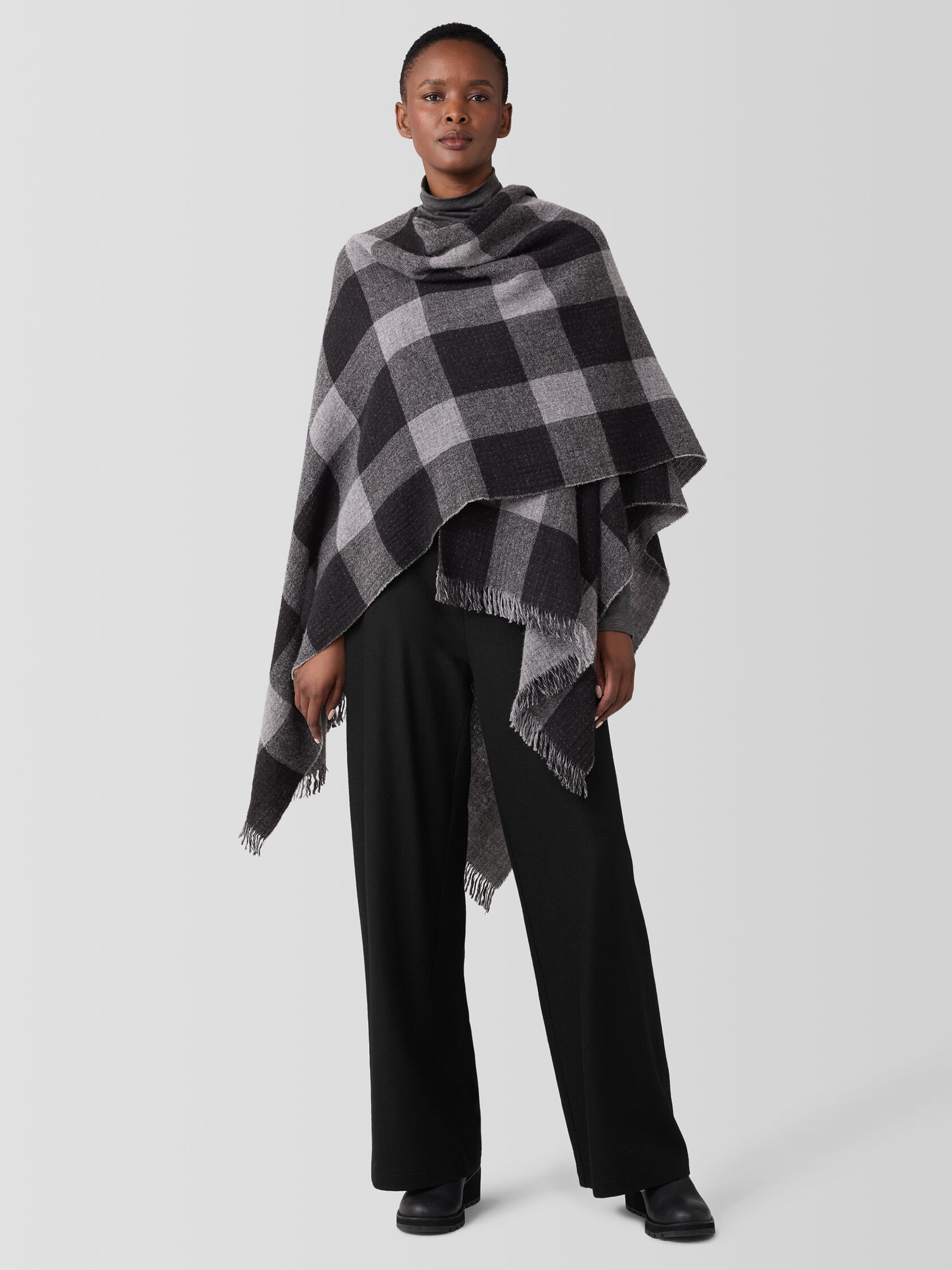 Reversible Wool Check Poncho