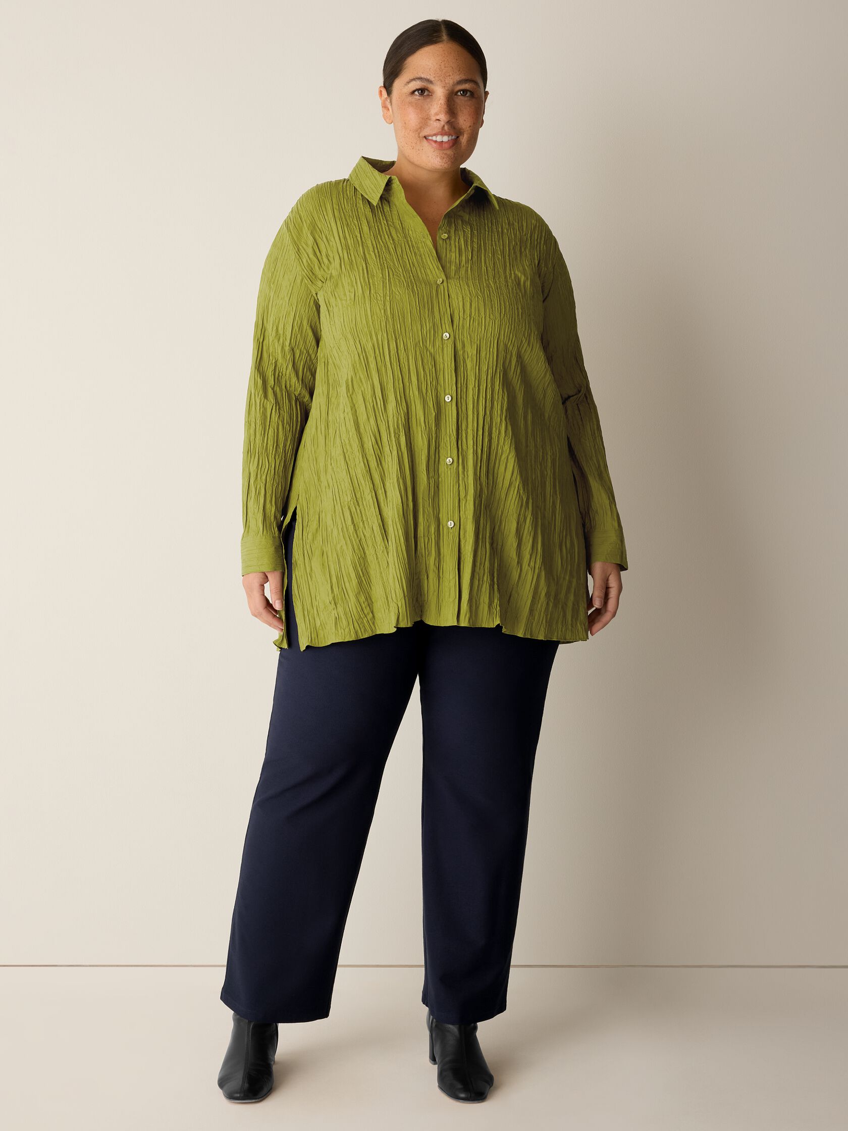 Crinkle Silk Habutai Classic Collar Shirt