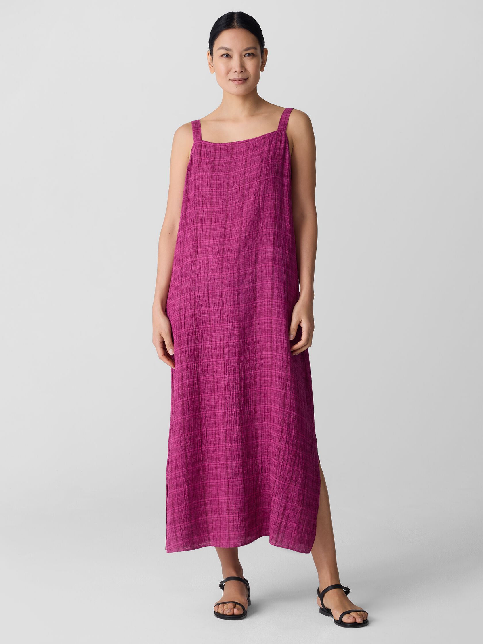 Puckered Organic Linen Plaid Square Neck Dress