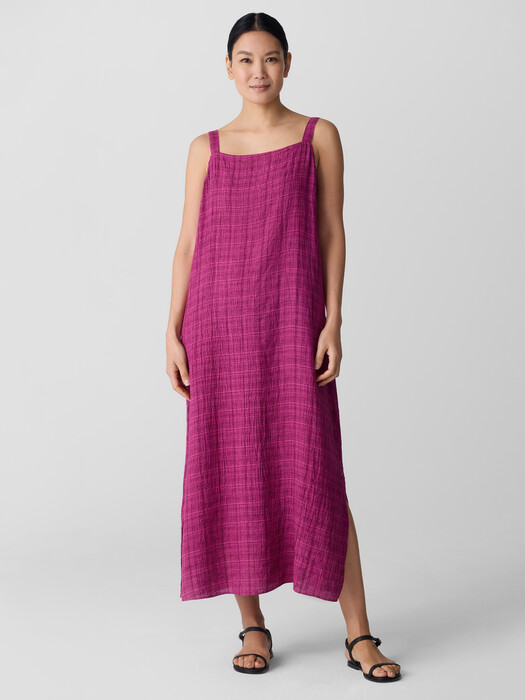 Puckered Organic Linen Plaid Square Neck Dress | EILEEN FISHER Puckered Organic Linen Plaid Square Neck Dress | EILEEN FISHER