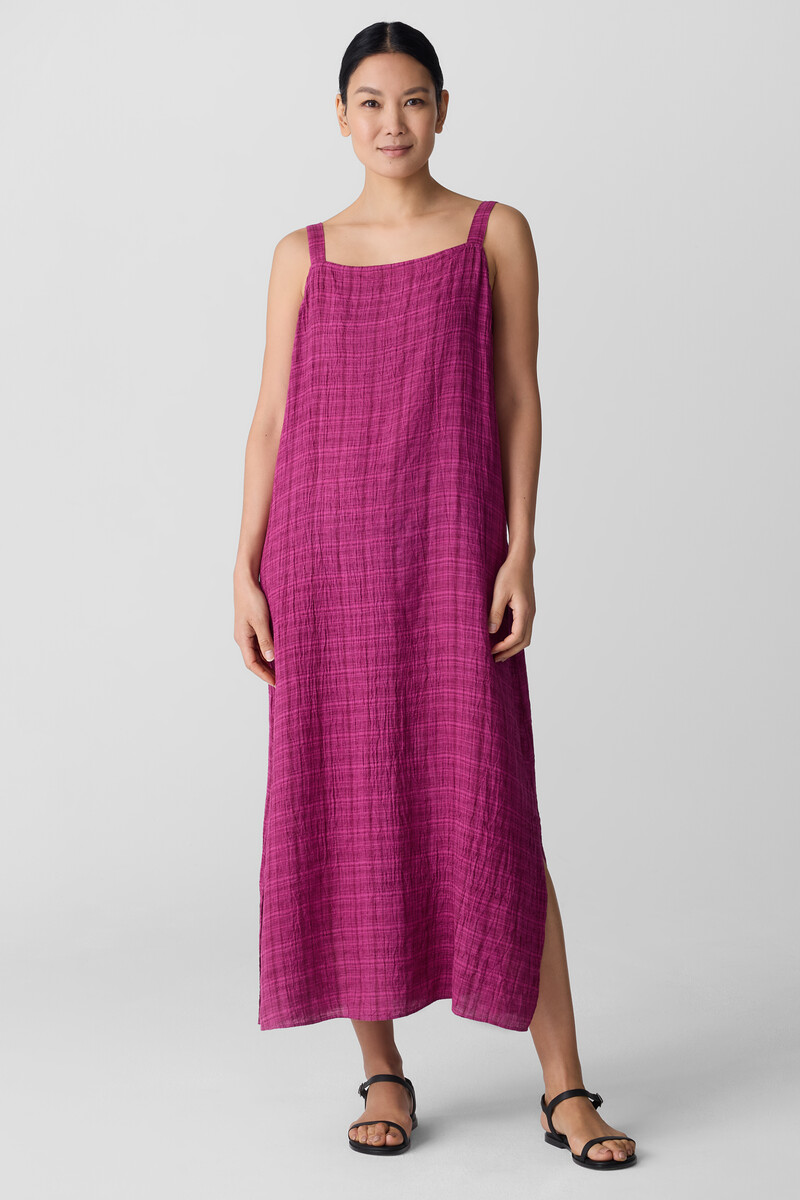 Puckered Organic Linen Plaid Square Neck Dress Puckered Organic Linen Plaid Square Neck Dress