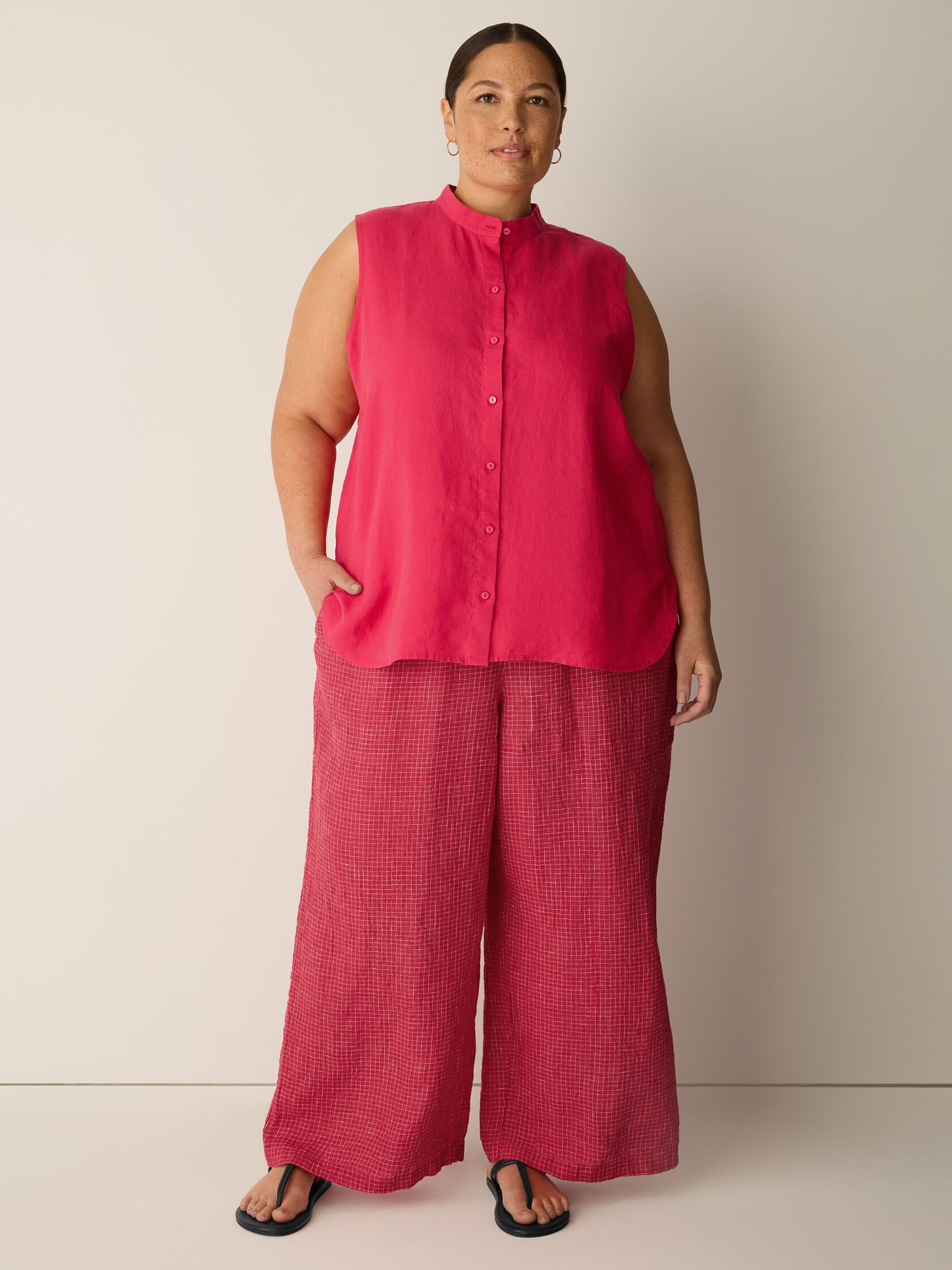 Puckered Organic Linen Grid Wide-Leg Pant
