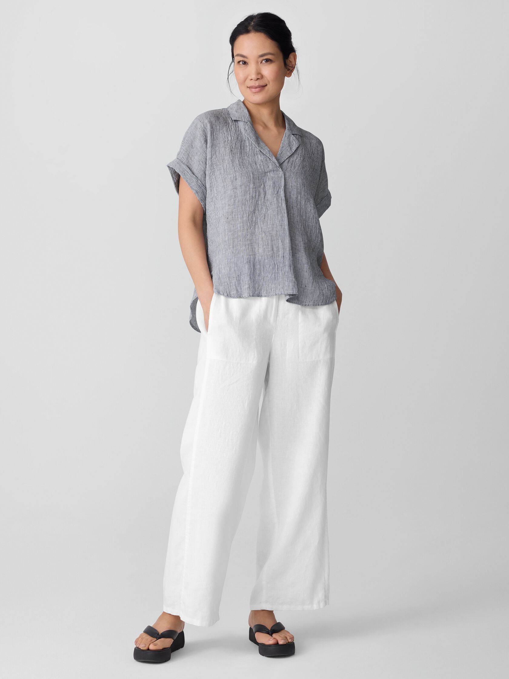 Puckered Organic Linen Stripe Notch Collar Top
