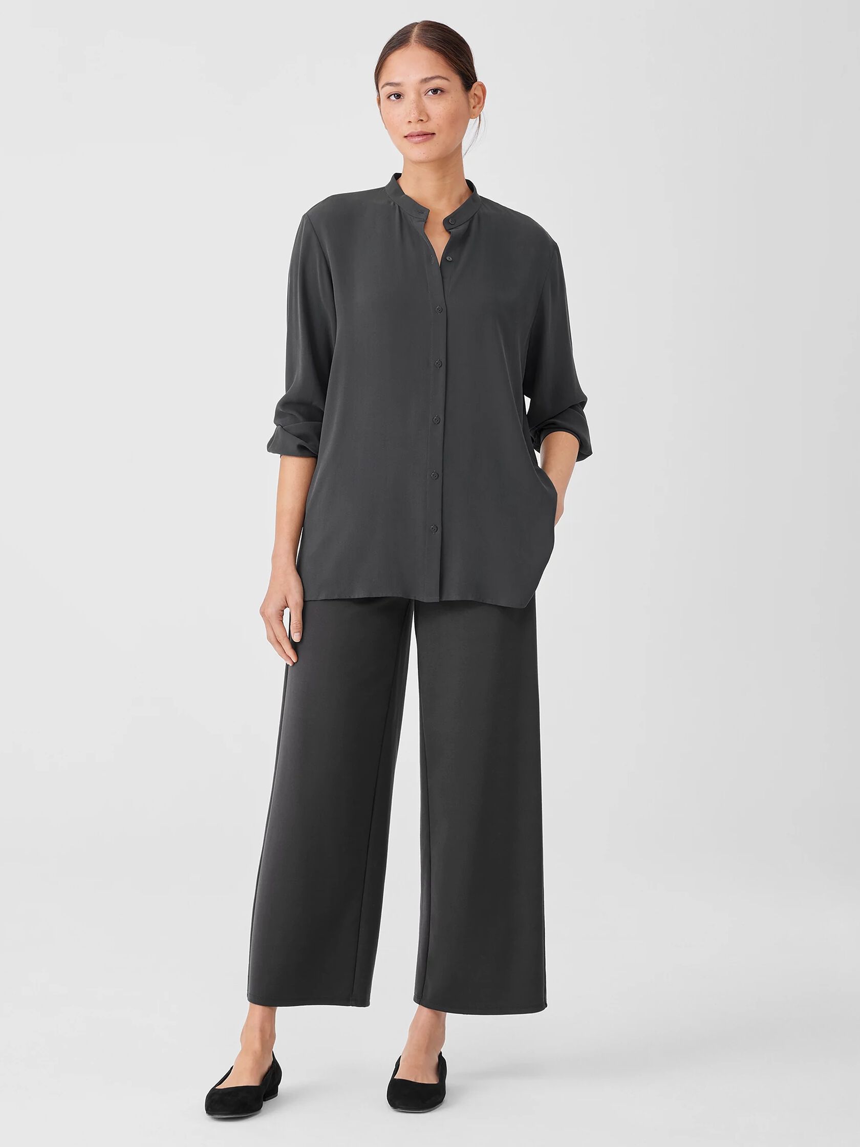 Silk Georgette Crepe Mandarin Collar Shirt