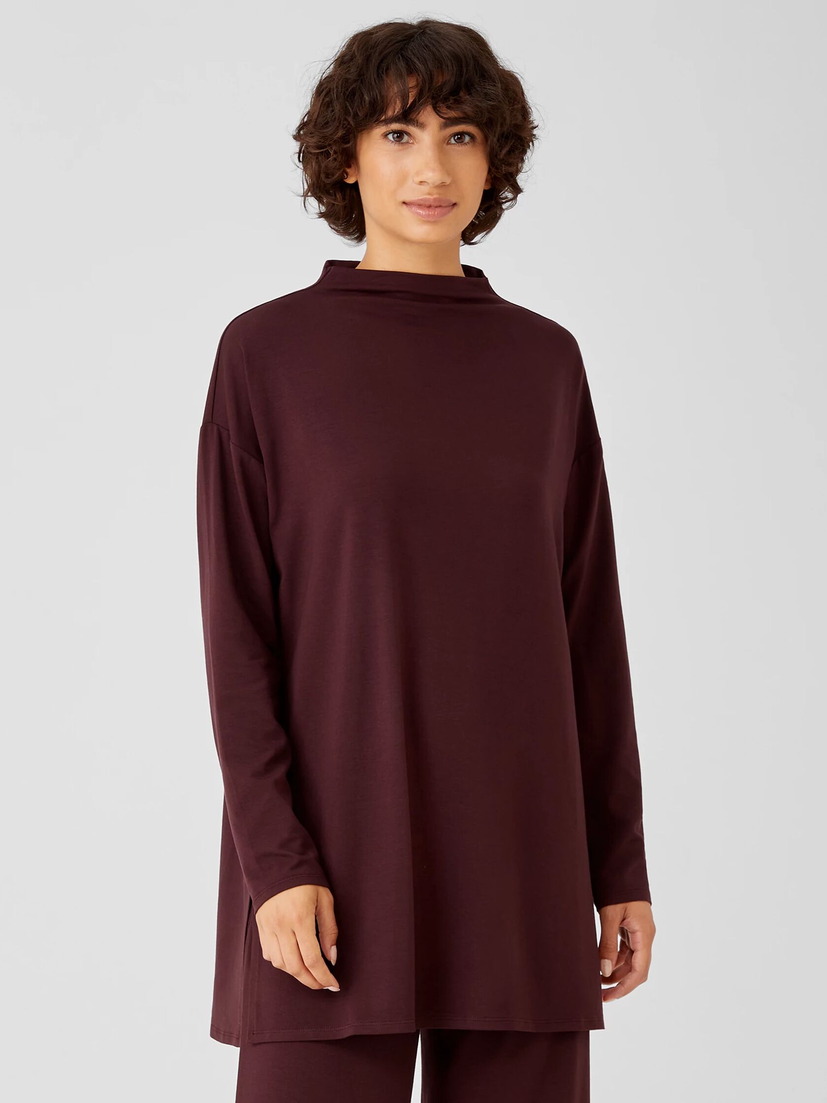 Stretch Jersey Knit Funnel Neck Long Top