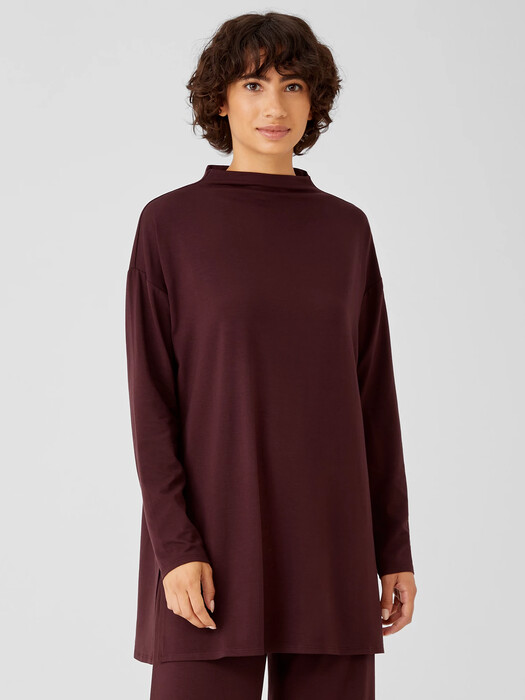 Stretch Jersey Knit Funnel Neck Long Top