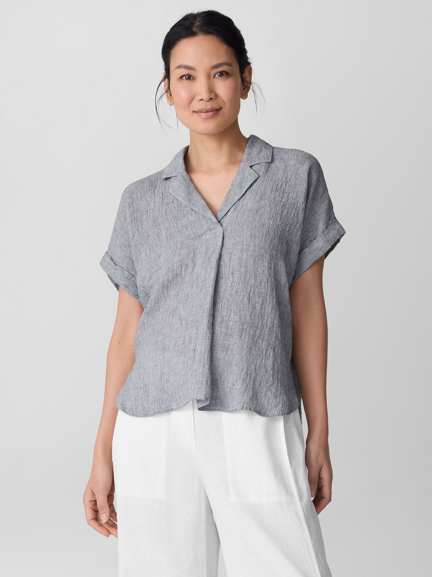 Puckered Organic Linen Stripe Notch Collar Top