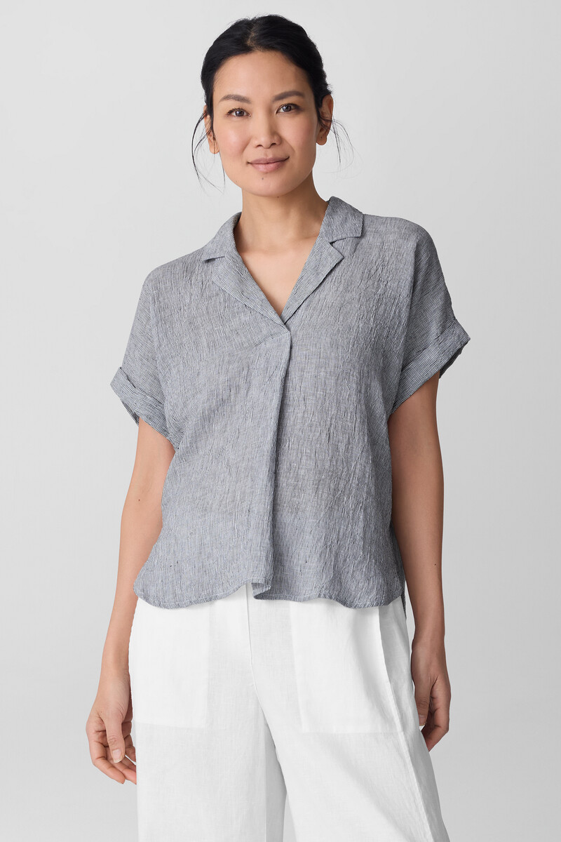 Puckered Organic Linen Stripe Notch Collar Top Puckered Organic Linen Stripe Notch Collar Top