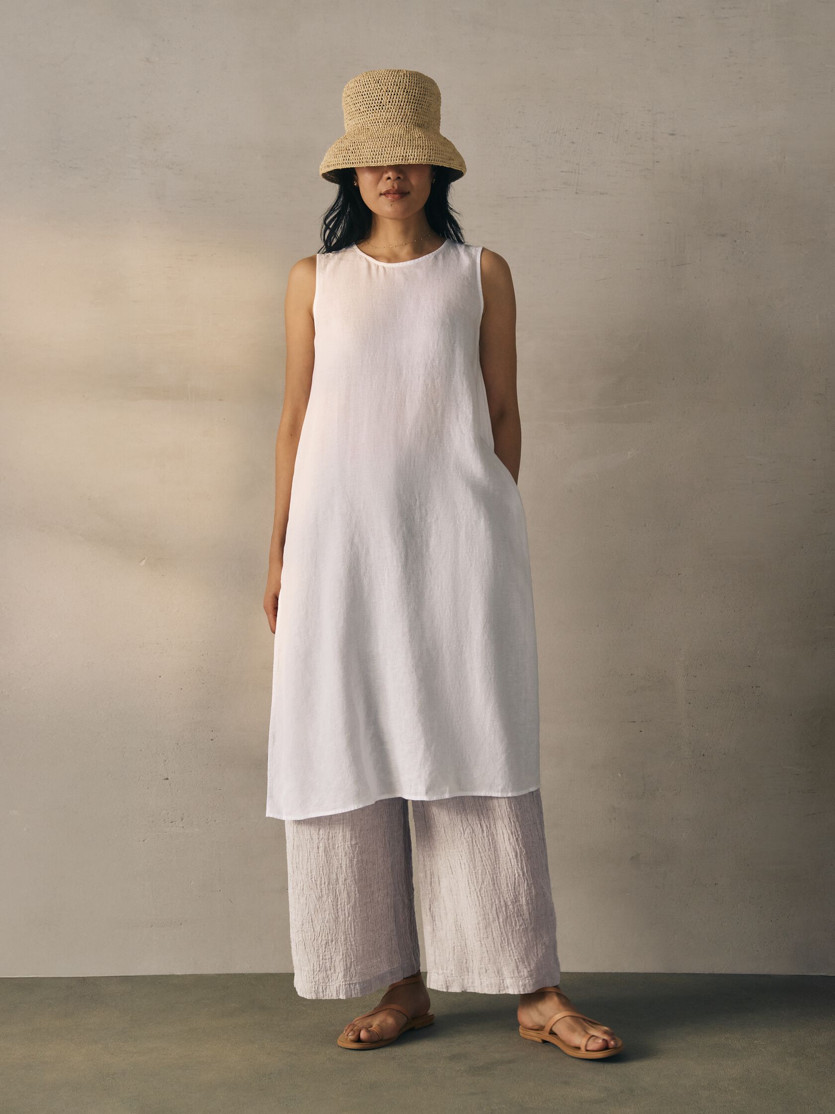 Puckered Organic Linen Stripe Wide-Leg Pant