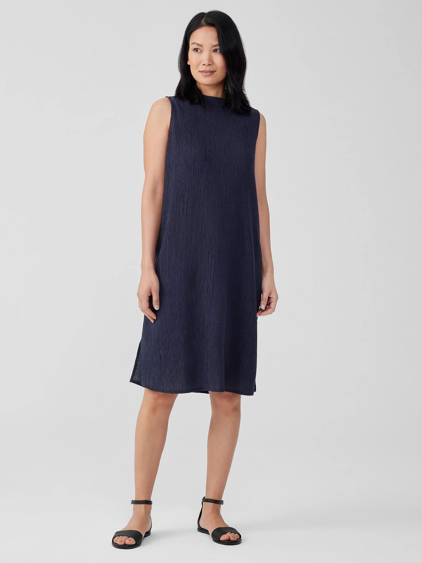 Woven Plissé Mock Neck Dress