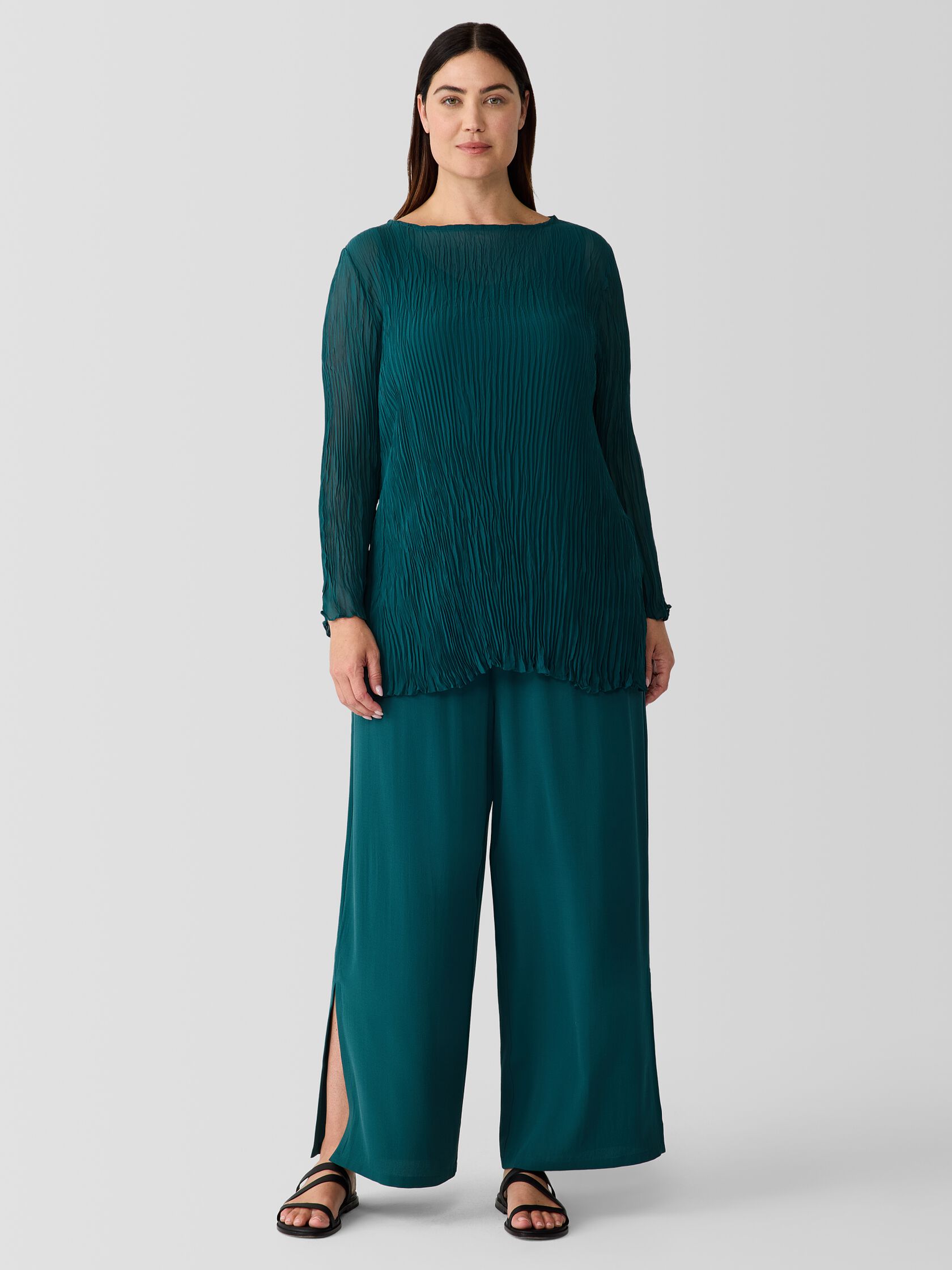 Crinkled Sheer Silk Georgette Bateau Neck Long Top