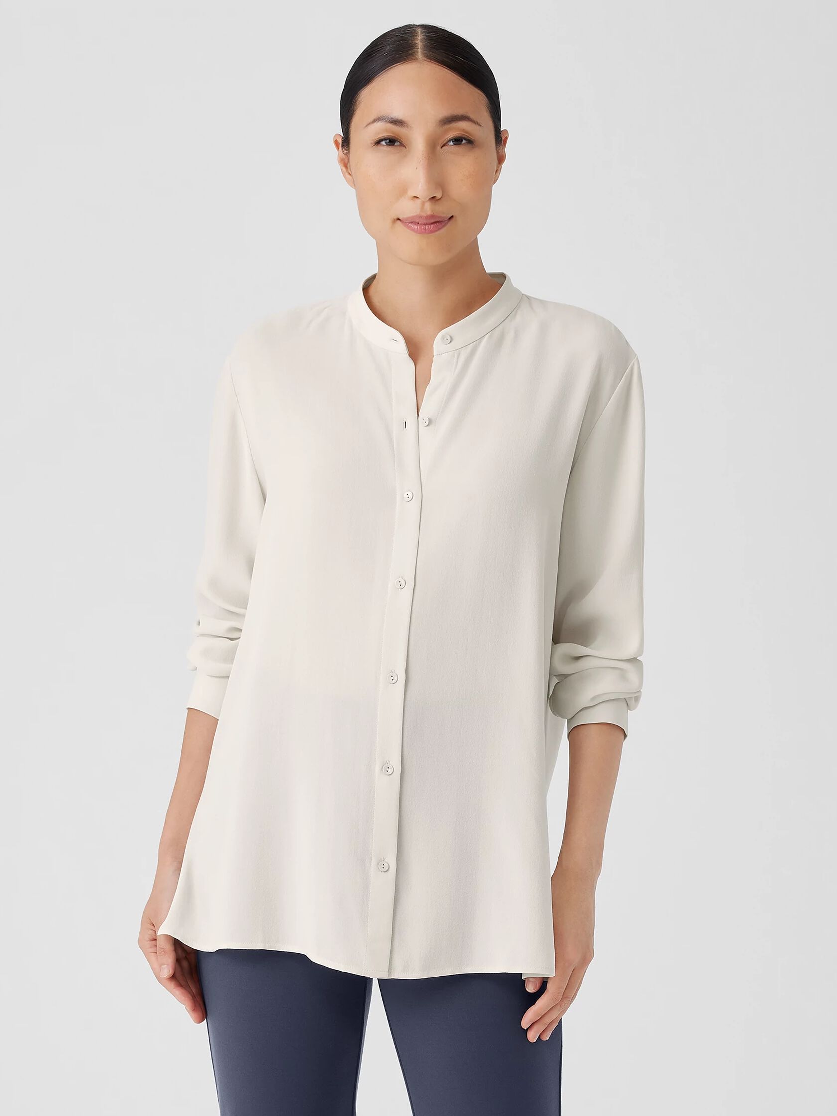 Silk Georgette Crepe Band Collar Shirt