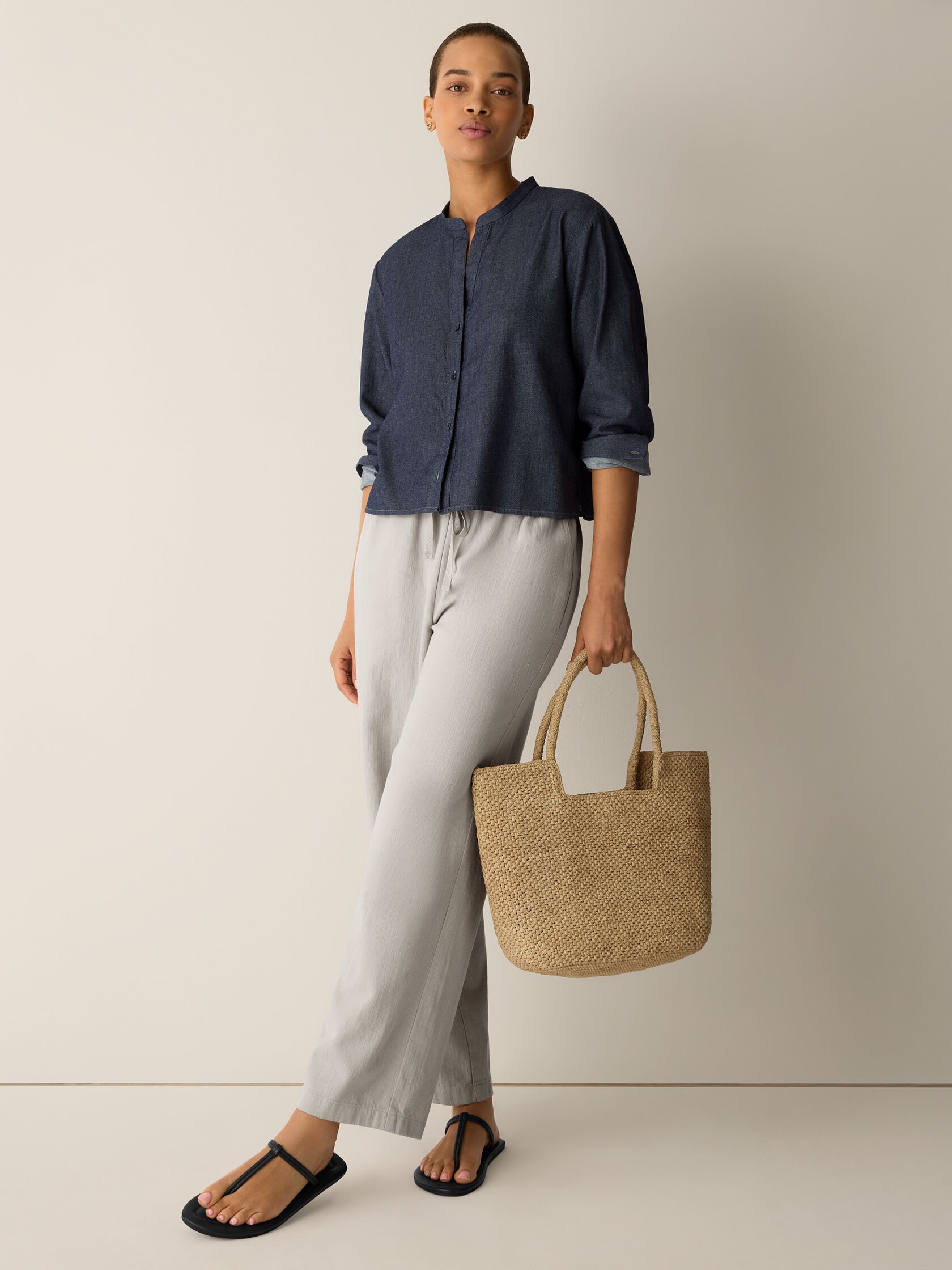 Airy Organic Cotton Twill Band Collar Shirt