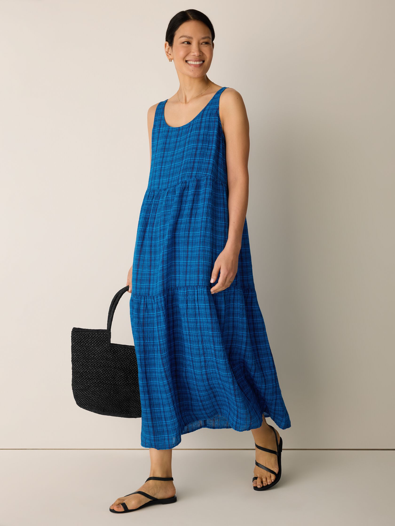 Puckered Organic Linen Plaid Tiered Dress