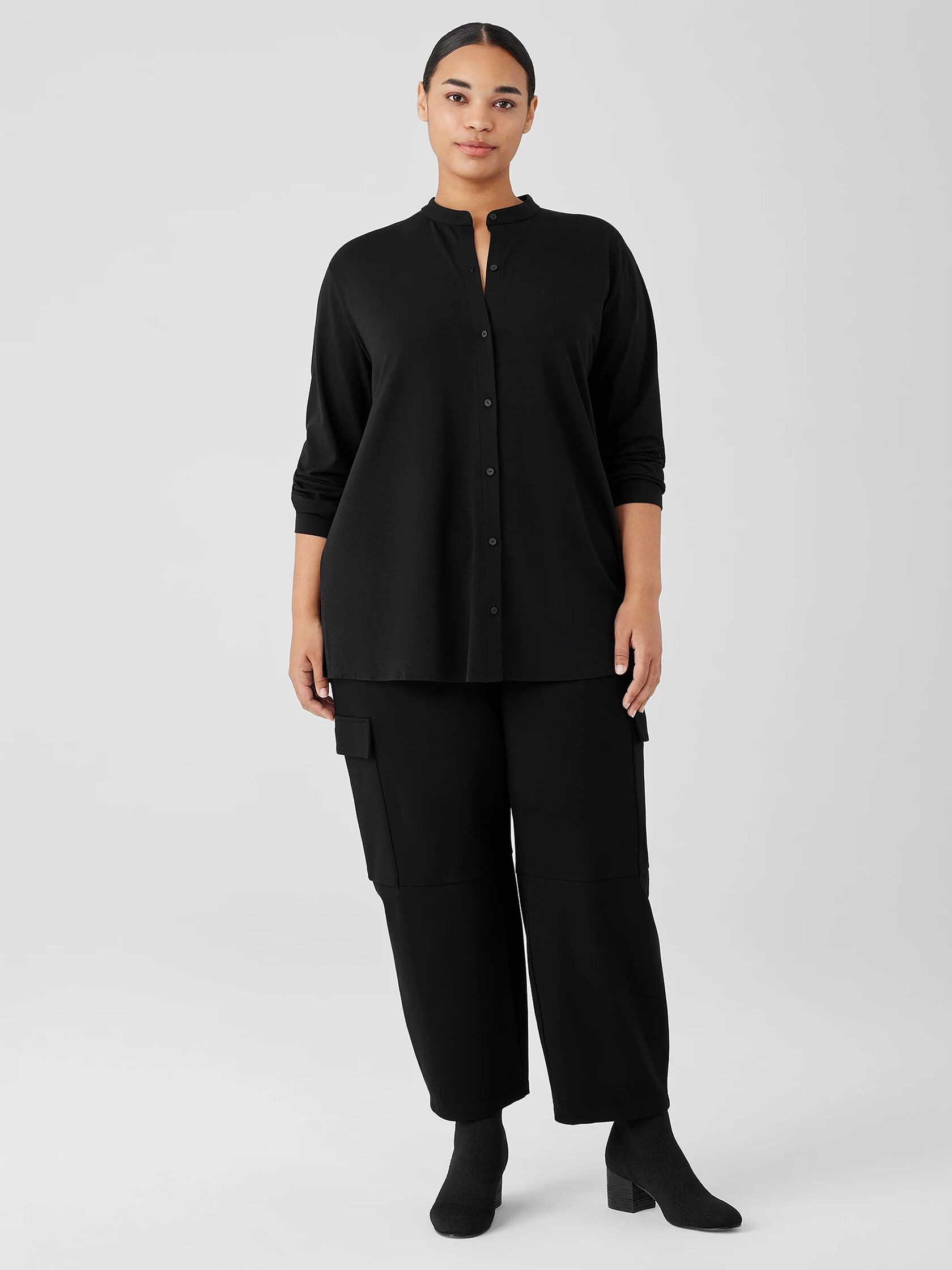 Stretch Jersey Knit Band Collar Shirt