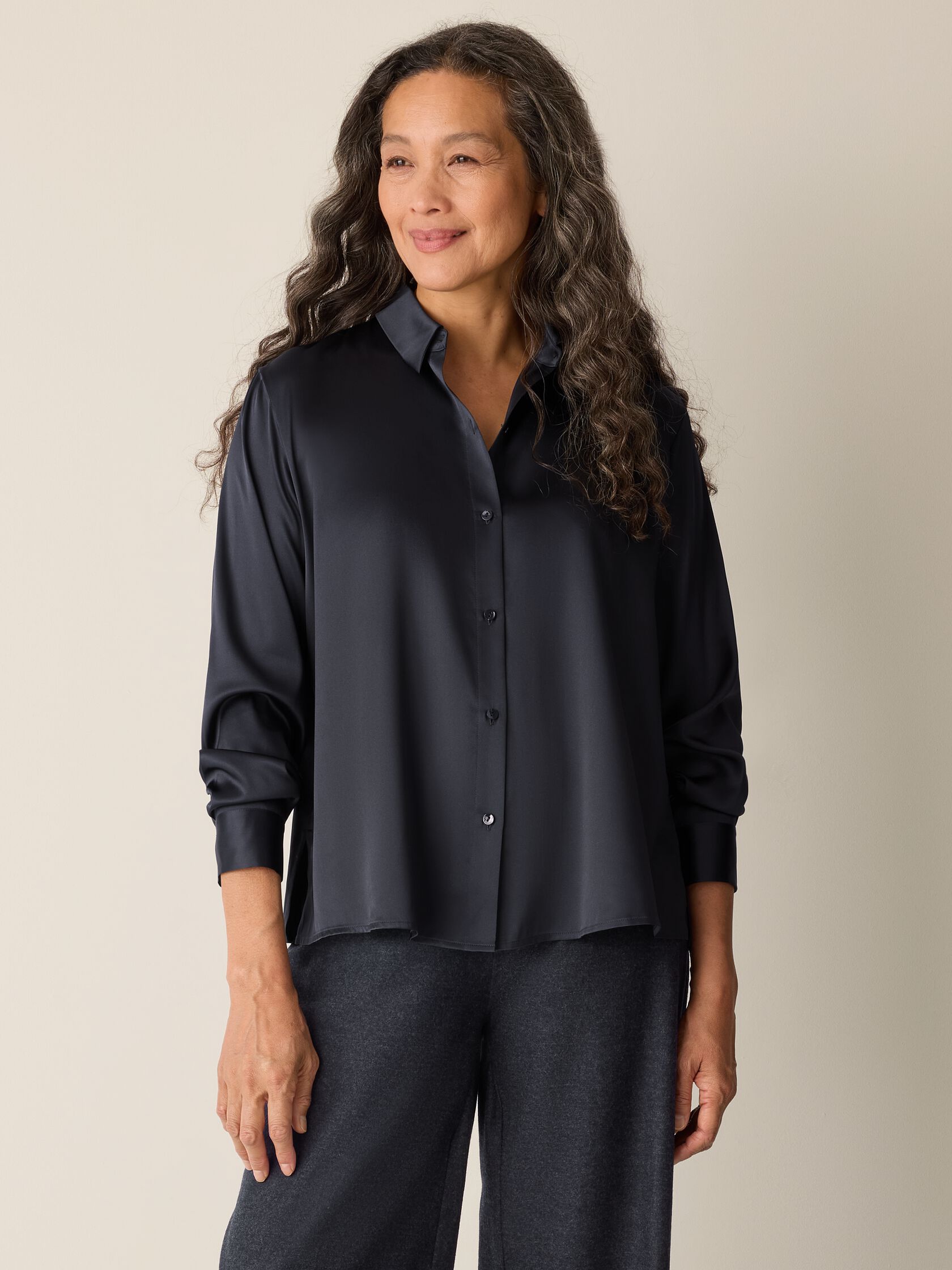 Stretch Silk Charmeuse Classic Collar Shirt