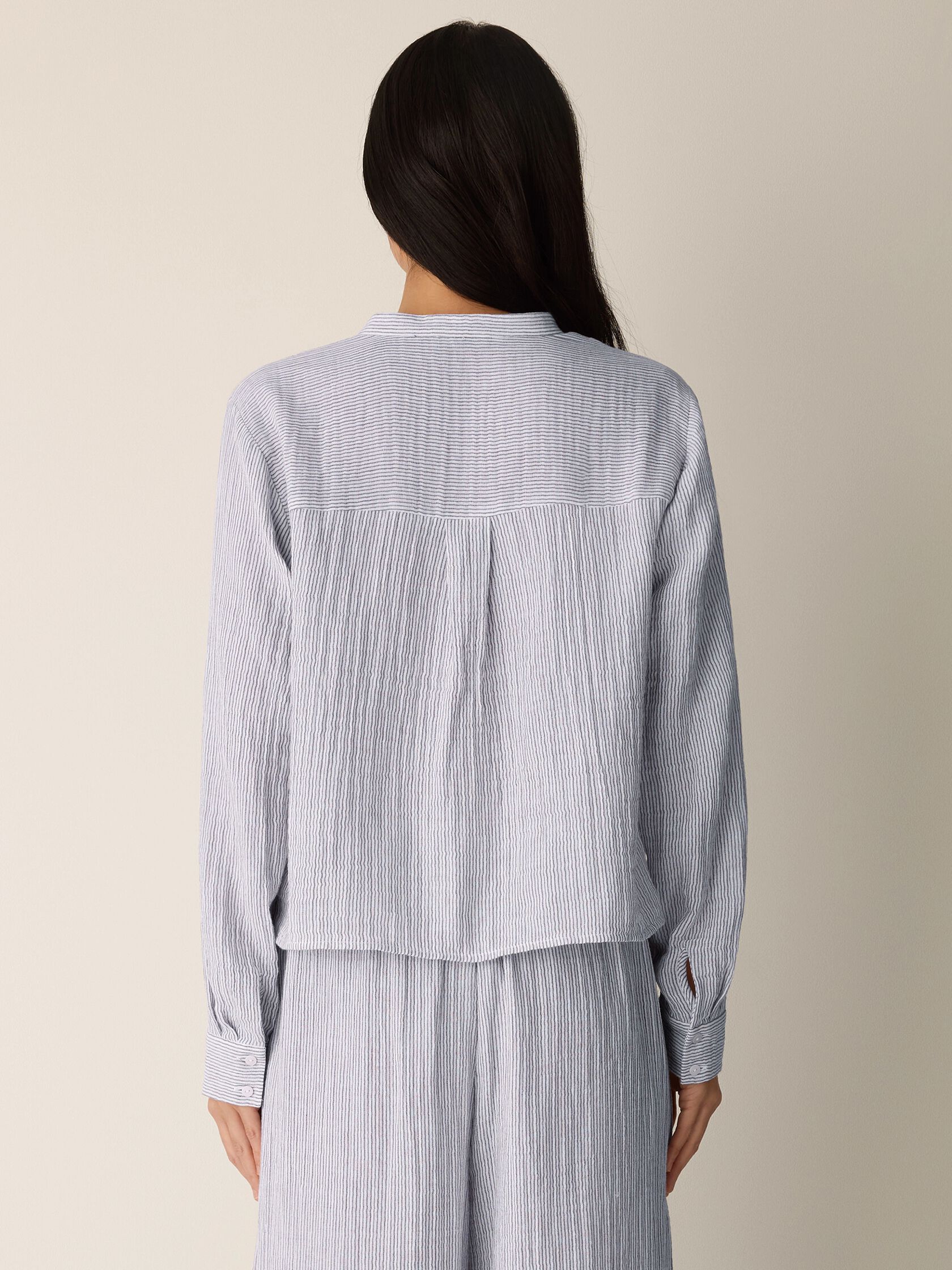 Striped Organic Cotton Gauze Band Collar Shirt