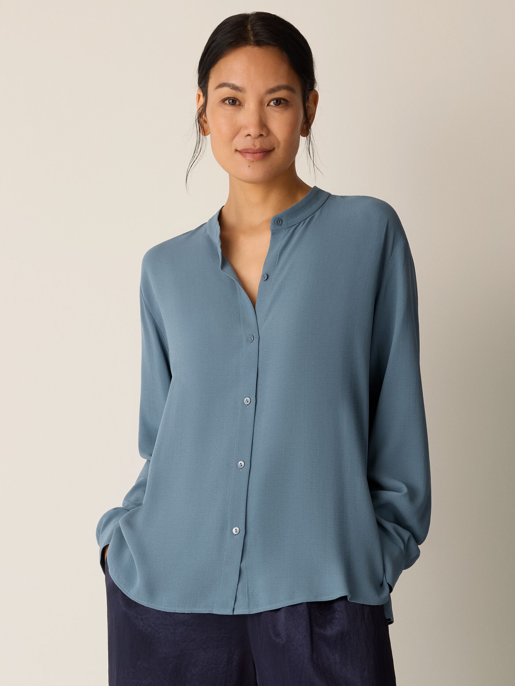Silk Georgette Crepe Band Collar Top