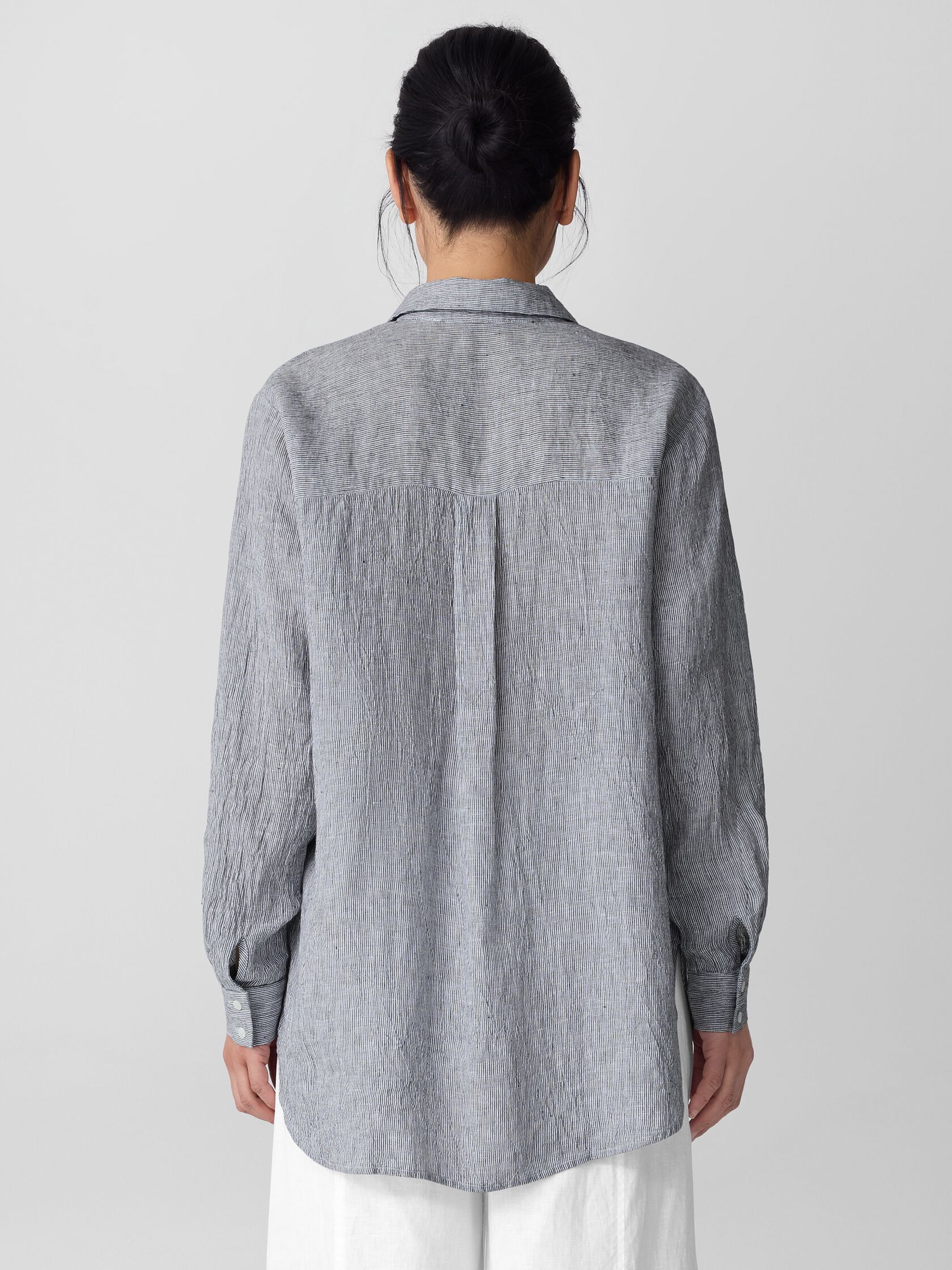 Puckered Organic Linen Stripe Classic Collar Long Shirt