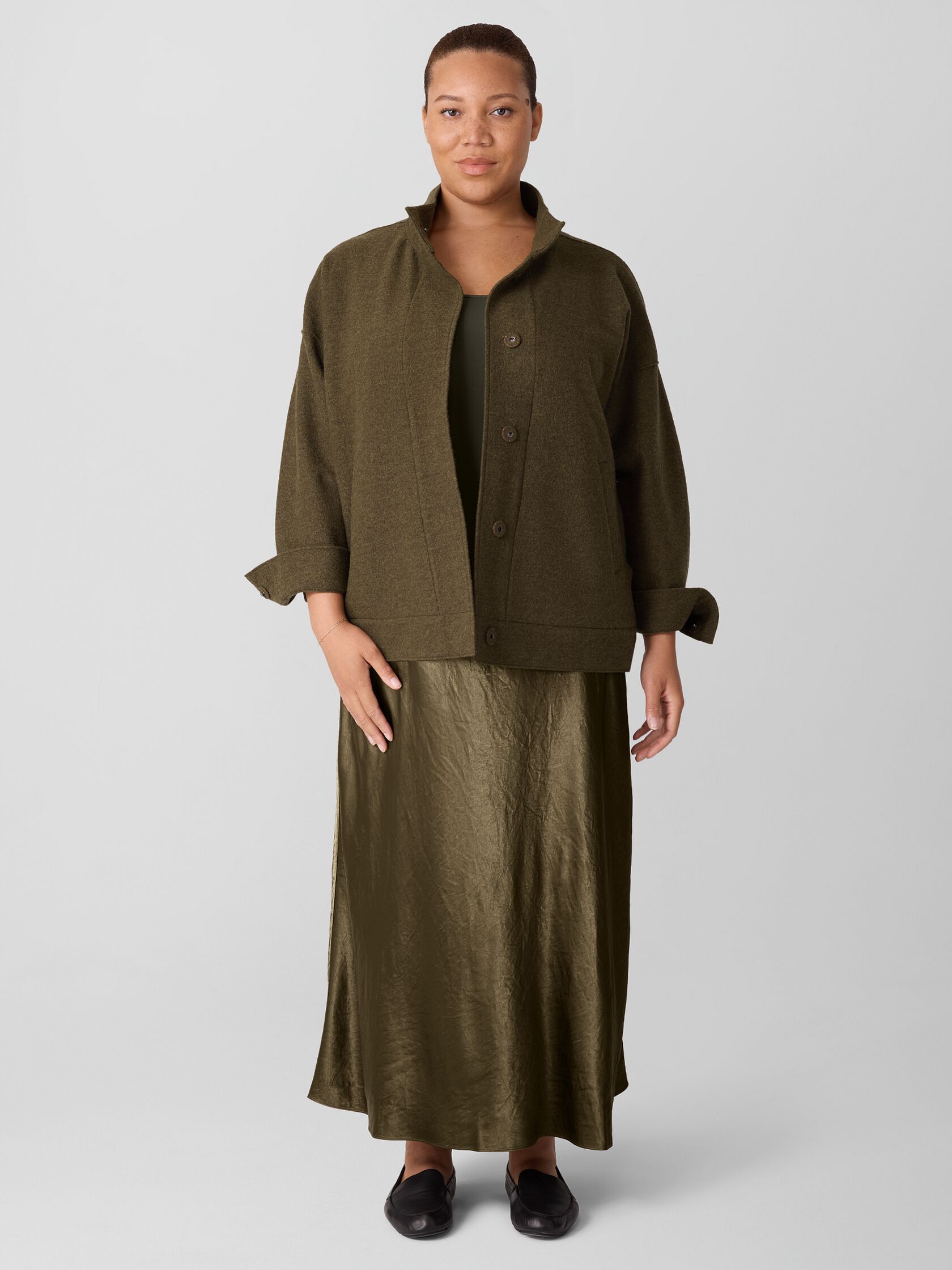 Lightweight Boiled Wool Stand Collar Jacket in Regenerative Wool