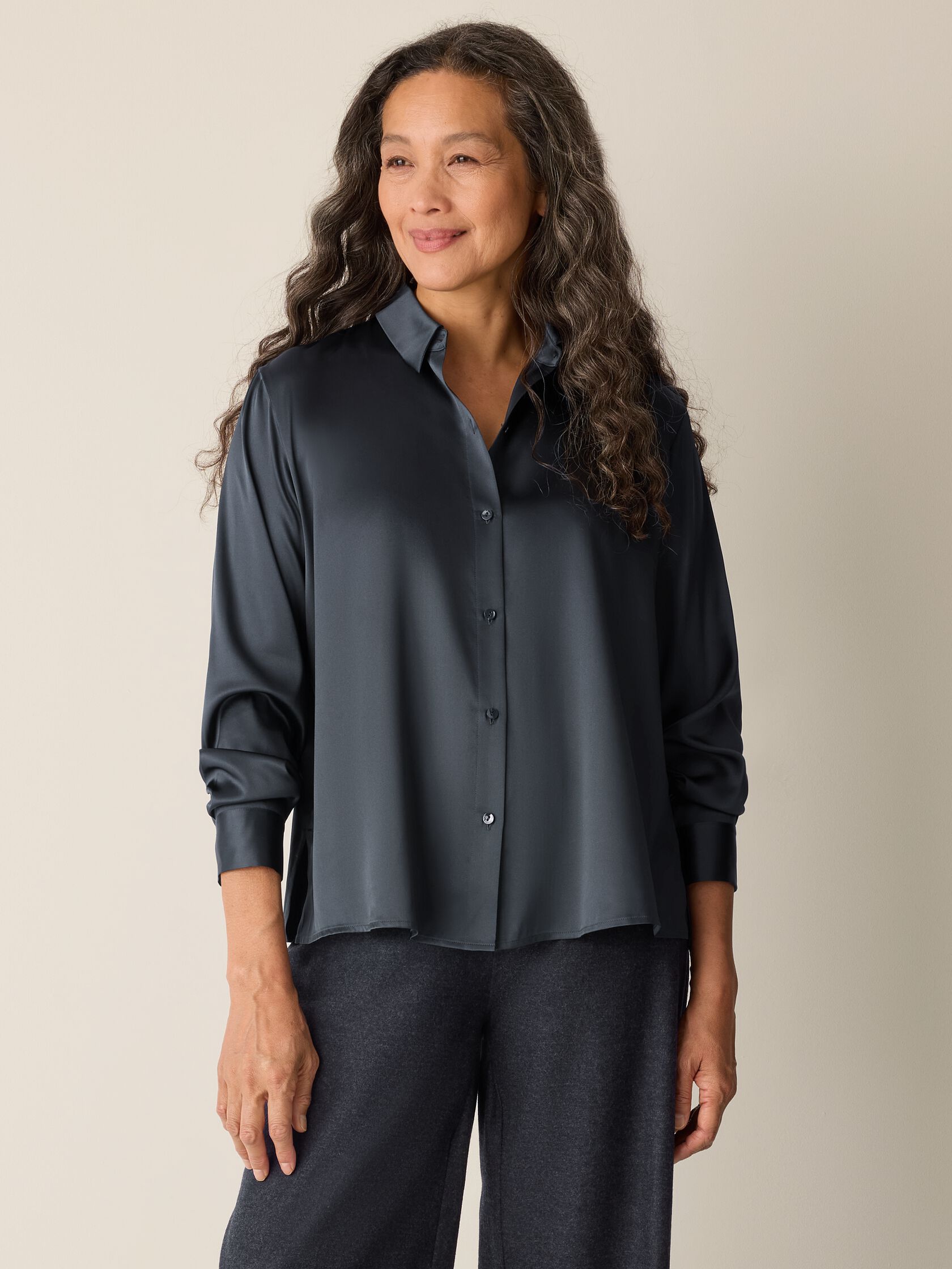 Stretch Silk Charmeuse Classic Collar Shirt