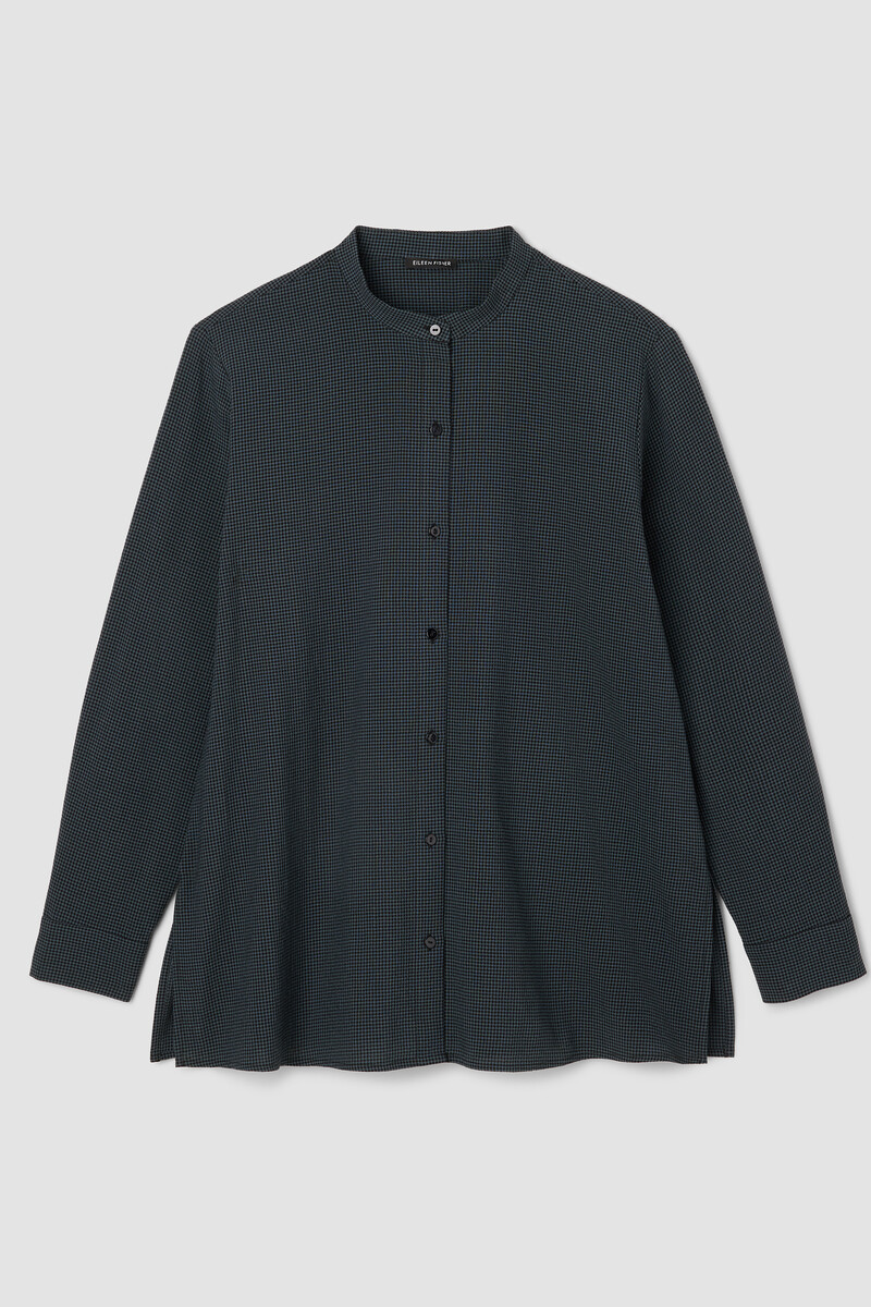 Mini Check Crepe Band Collar Top Mini Check Crepe Band Collar Top