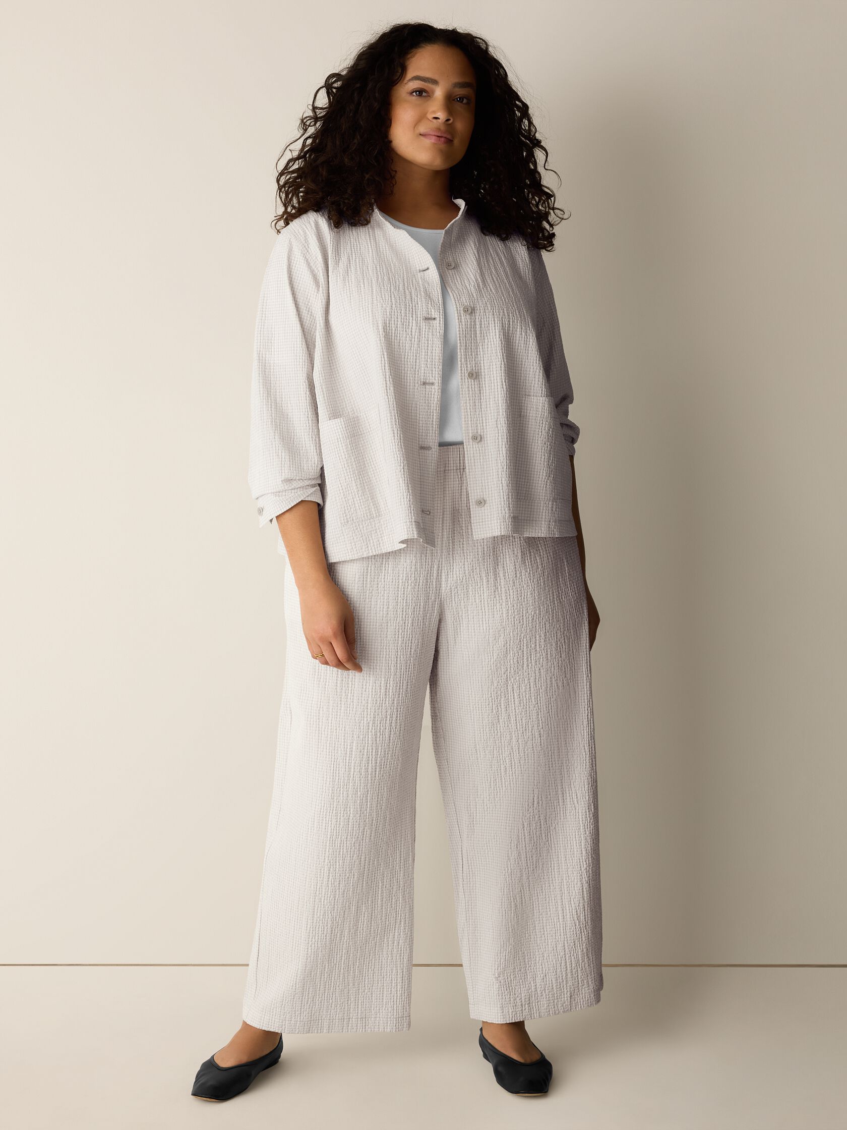 Organic Cotton Pucker Check Wide-Leg Pant