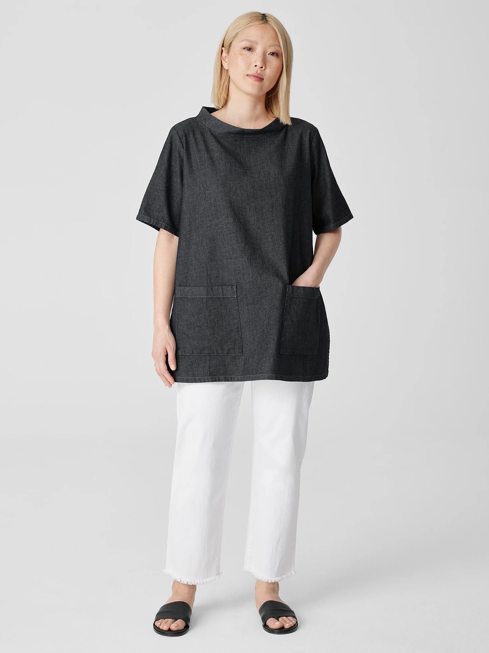 Airy Organic Cotton Twill Mock Neck Long Top