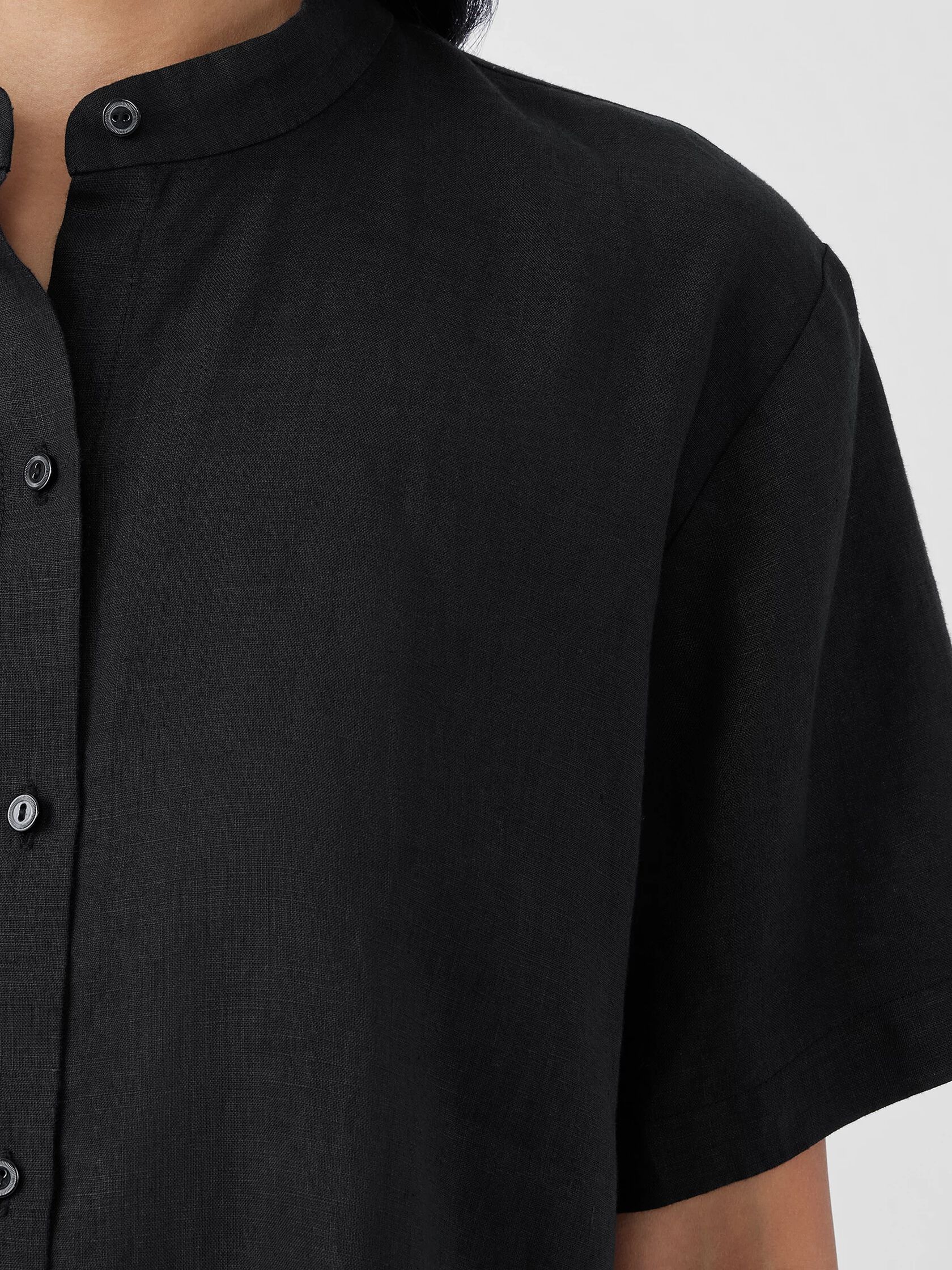 Organic Handkerchief Linen Band Collar Short-Sleeve Shirt