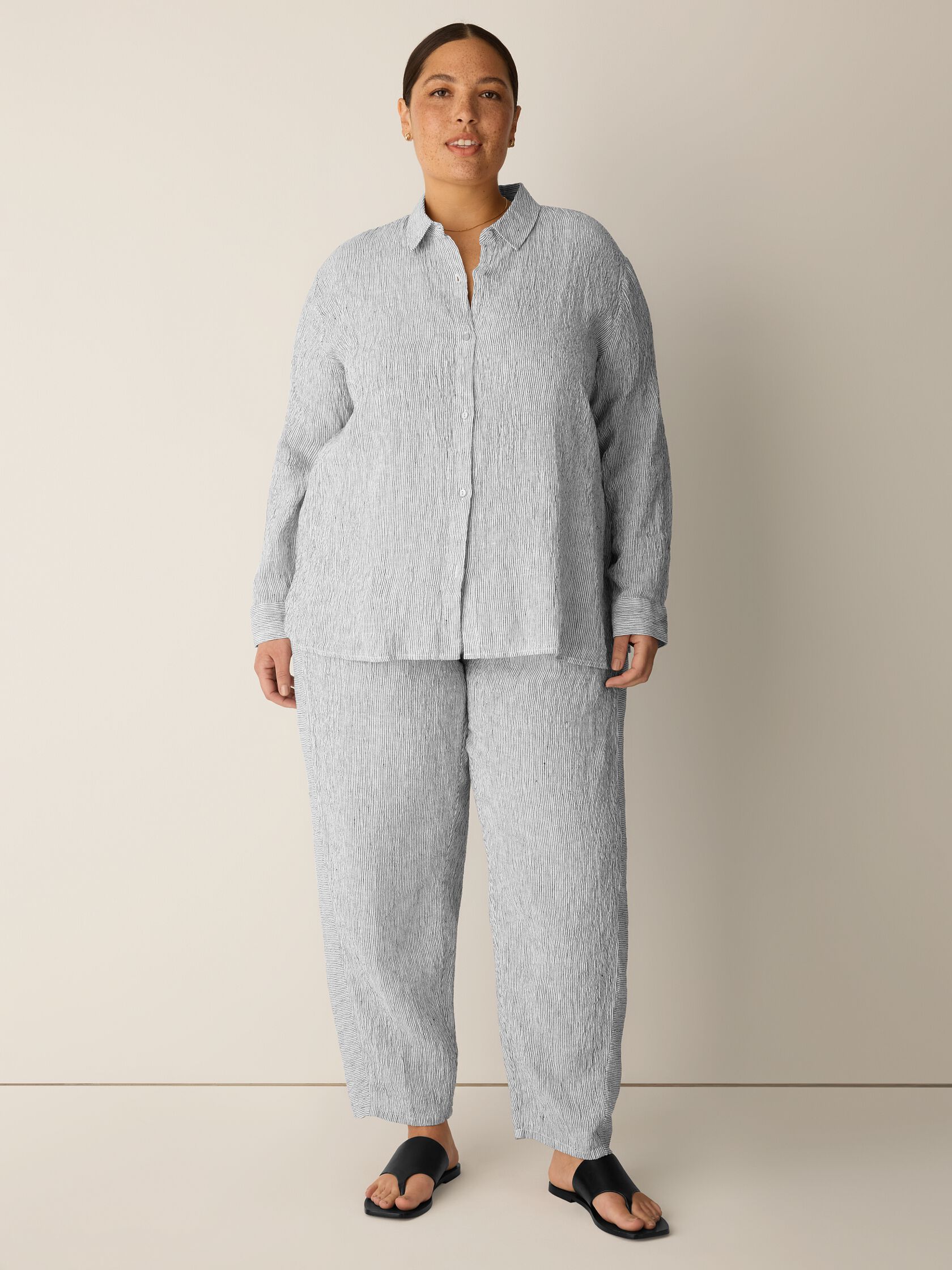 Puckered Organic Linen Stripe Classic Collar Shirt