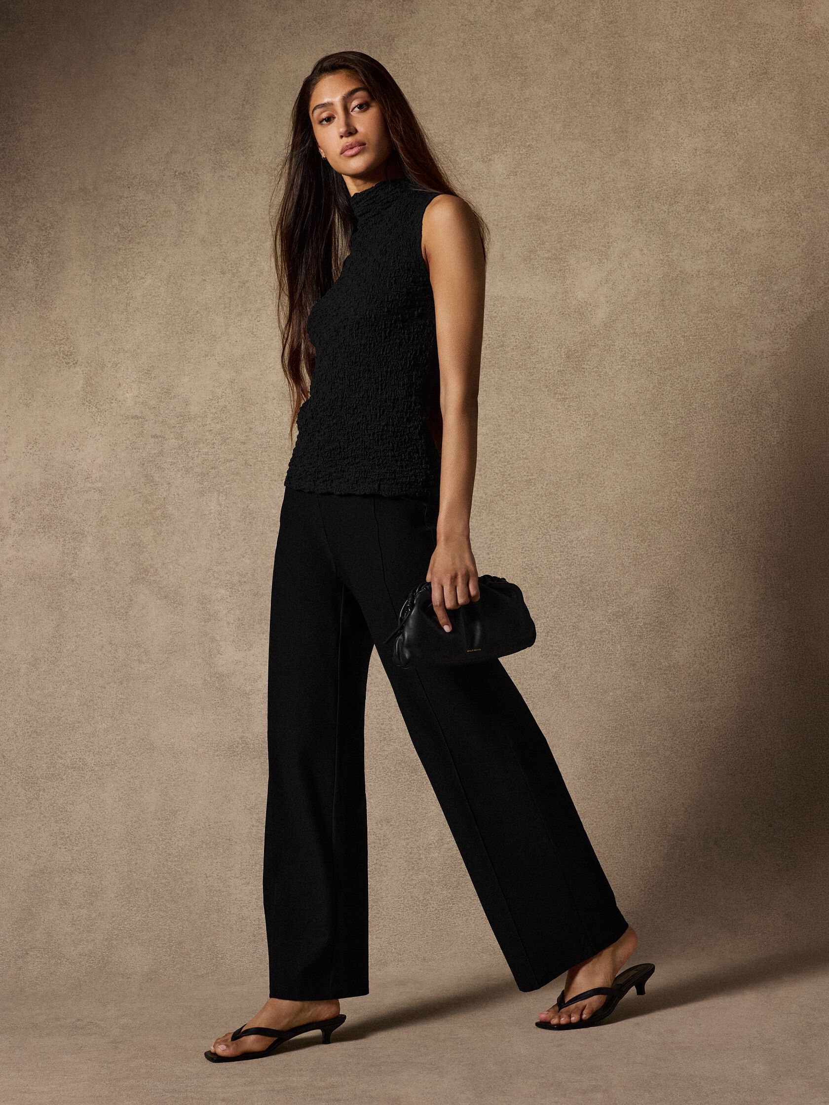 Washable Stretch Crepe Pintuck Wide Pant