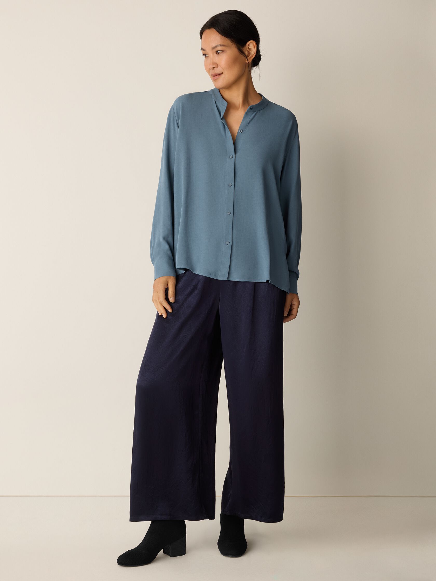 Silk Georgette Crepe Band Collar Top