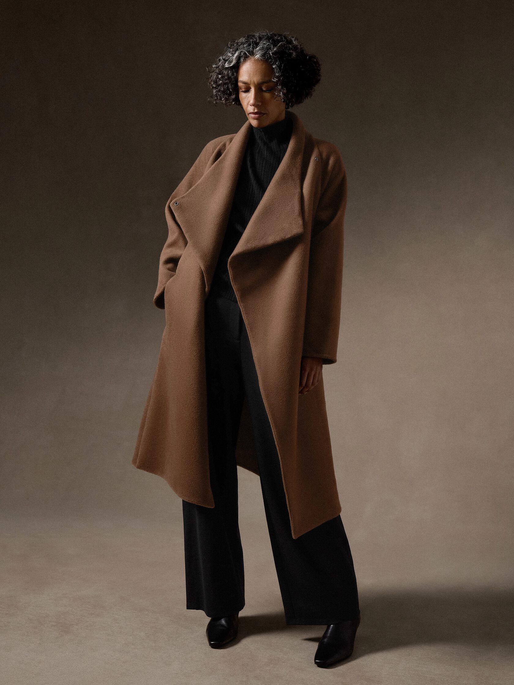 Lustrous Wool Drape Neck Coat