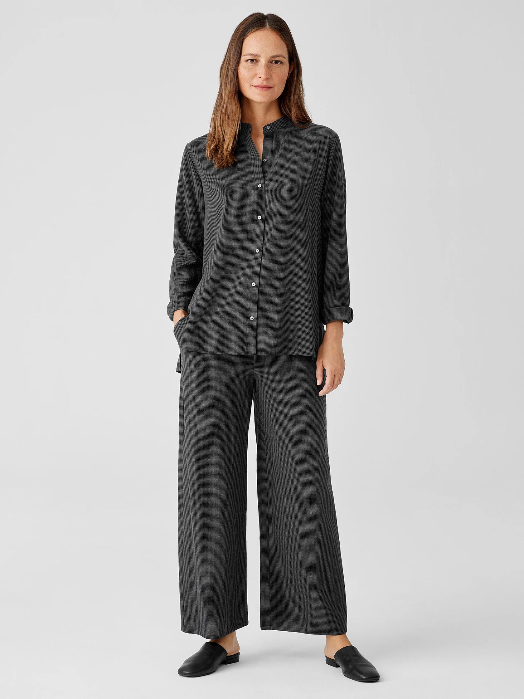 Mini Check Crepe Mandarin Collar Top