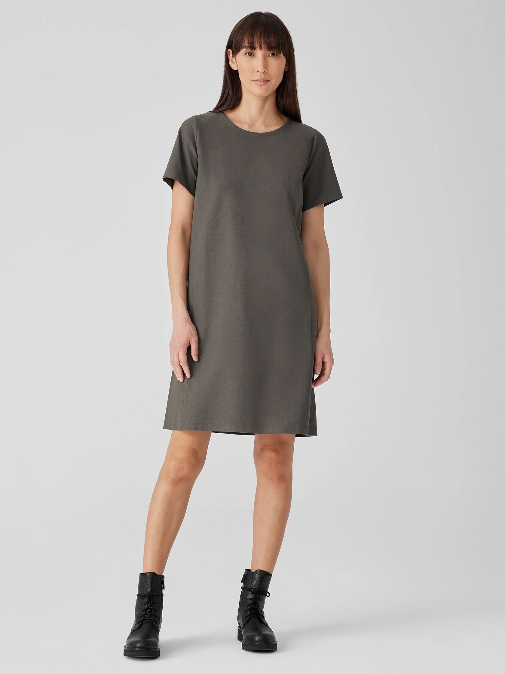 Washable Stretch Crepe Jewel Neck Dress